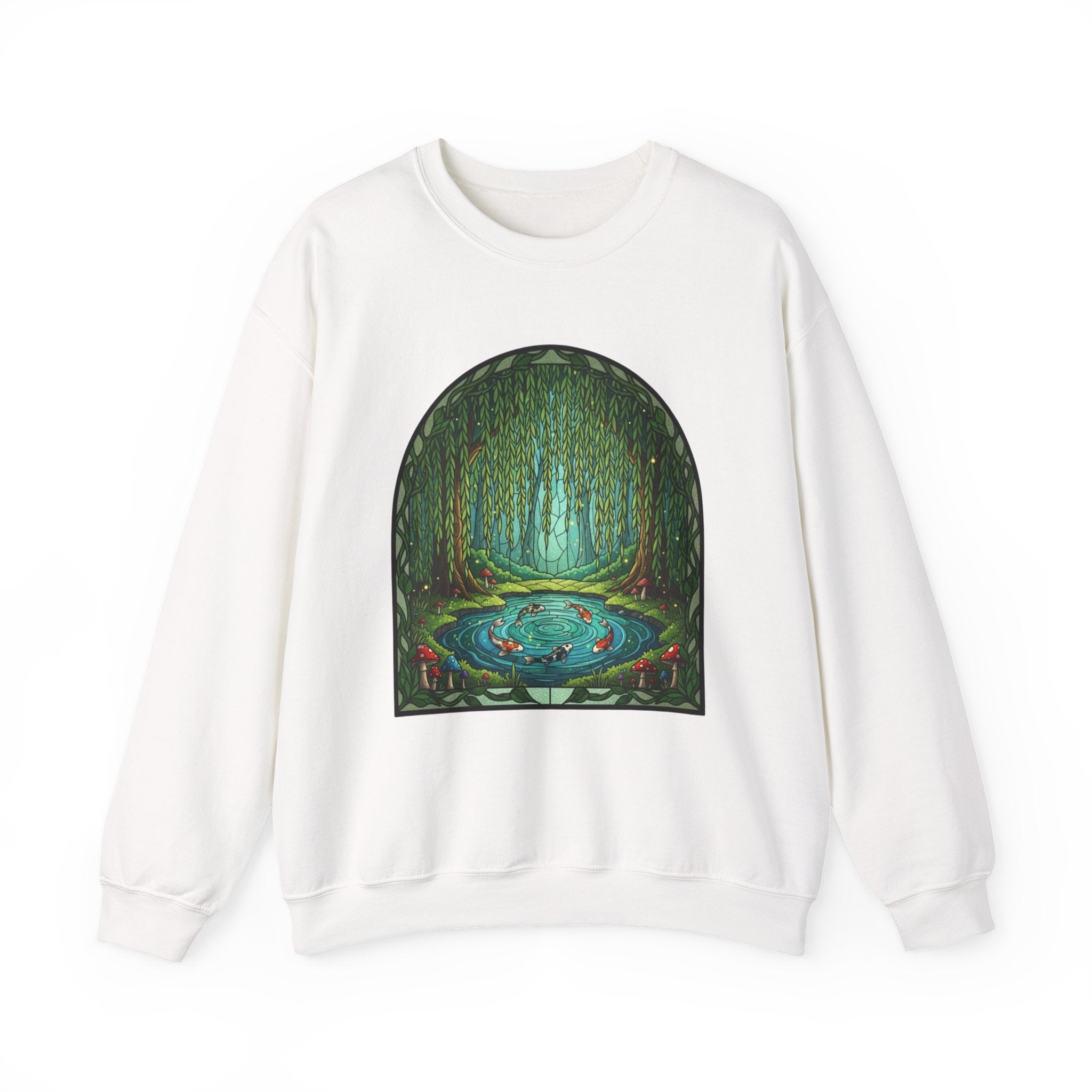 Whimsical Willow Tree Koi Fish Pond Stained Glass Crewneck Sweatshirt