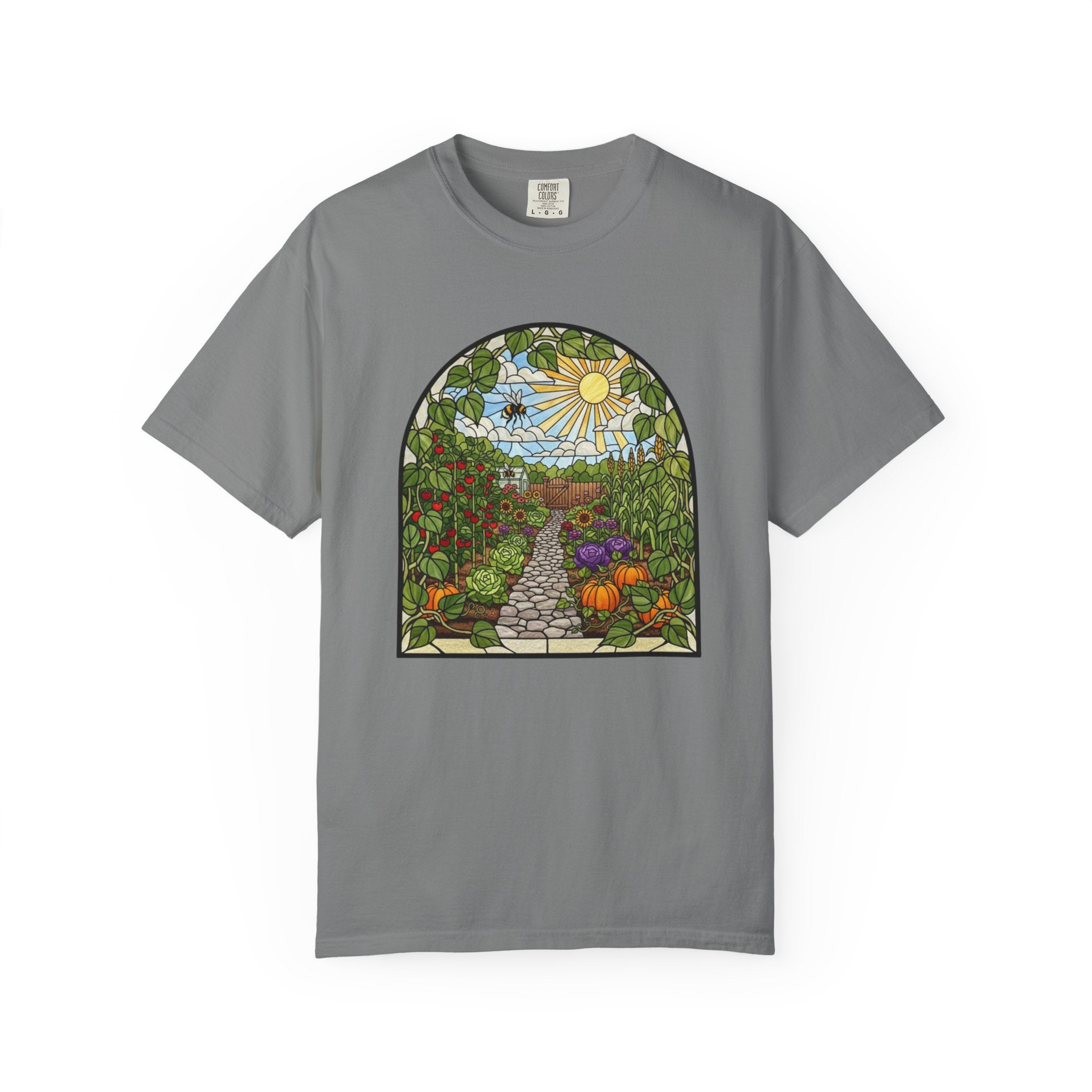 Garden Path T-Shirt — Stained Glass Sunflower & Vegetable Patch Design