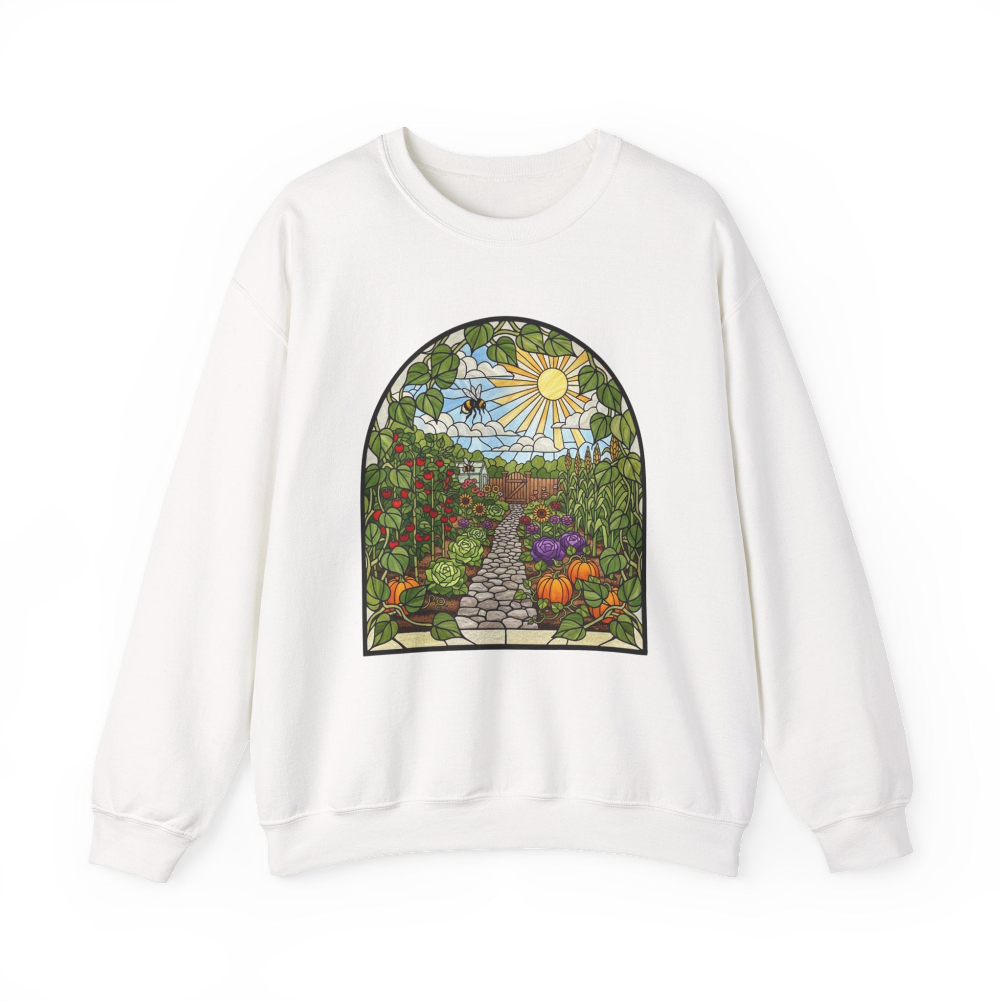 Garden Path Crewneck Sweatshirt | Stained-Glass Veggie Garden View Pullover
