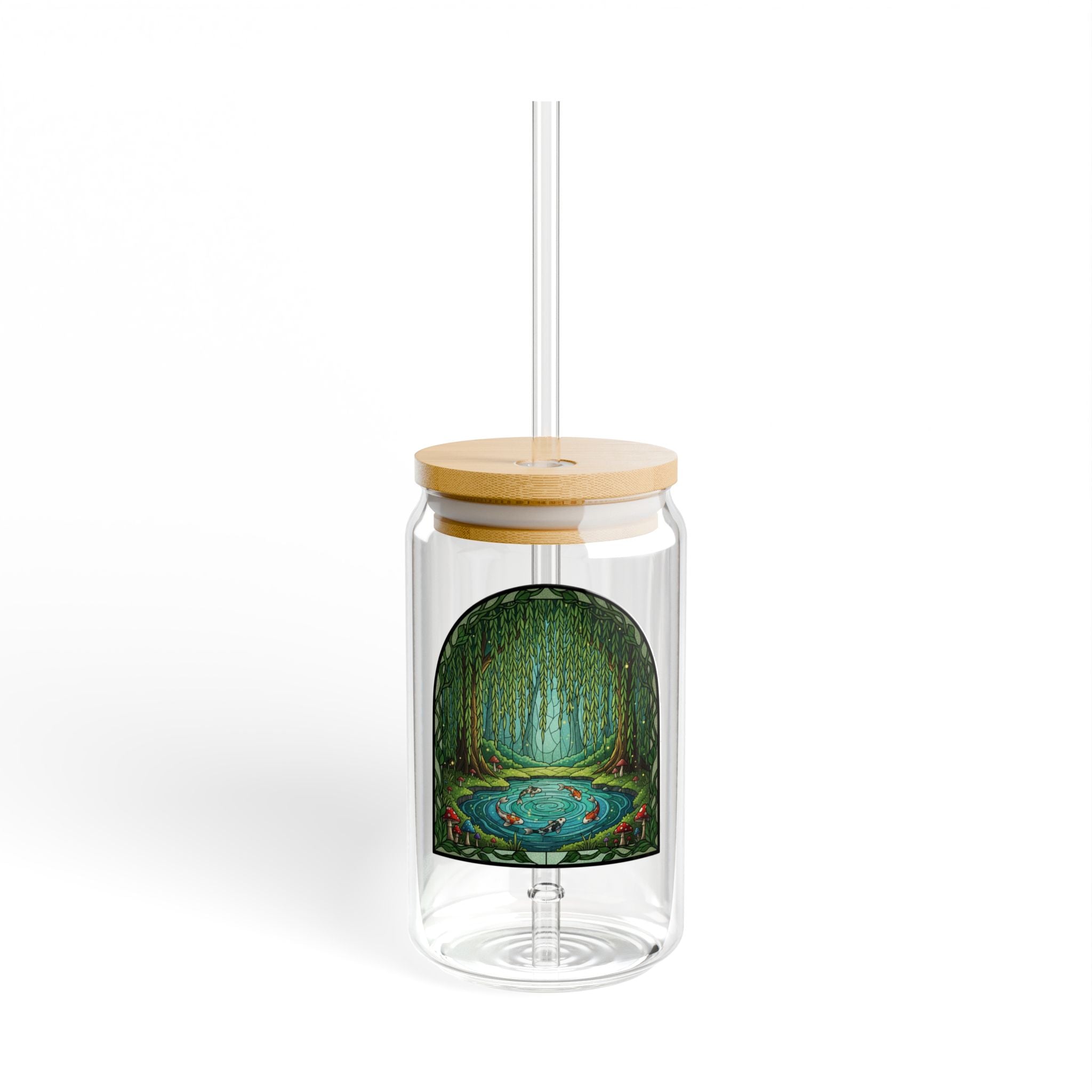 Koi Fish Pond in Willow Tree Forest Glass Sipper | 16oz Eco Bamboo Lid Tumbler with Plastic Straw