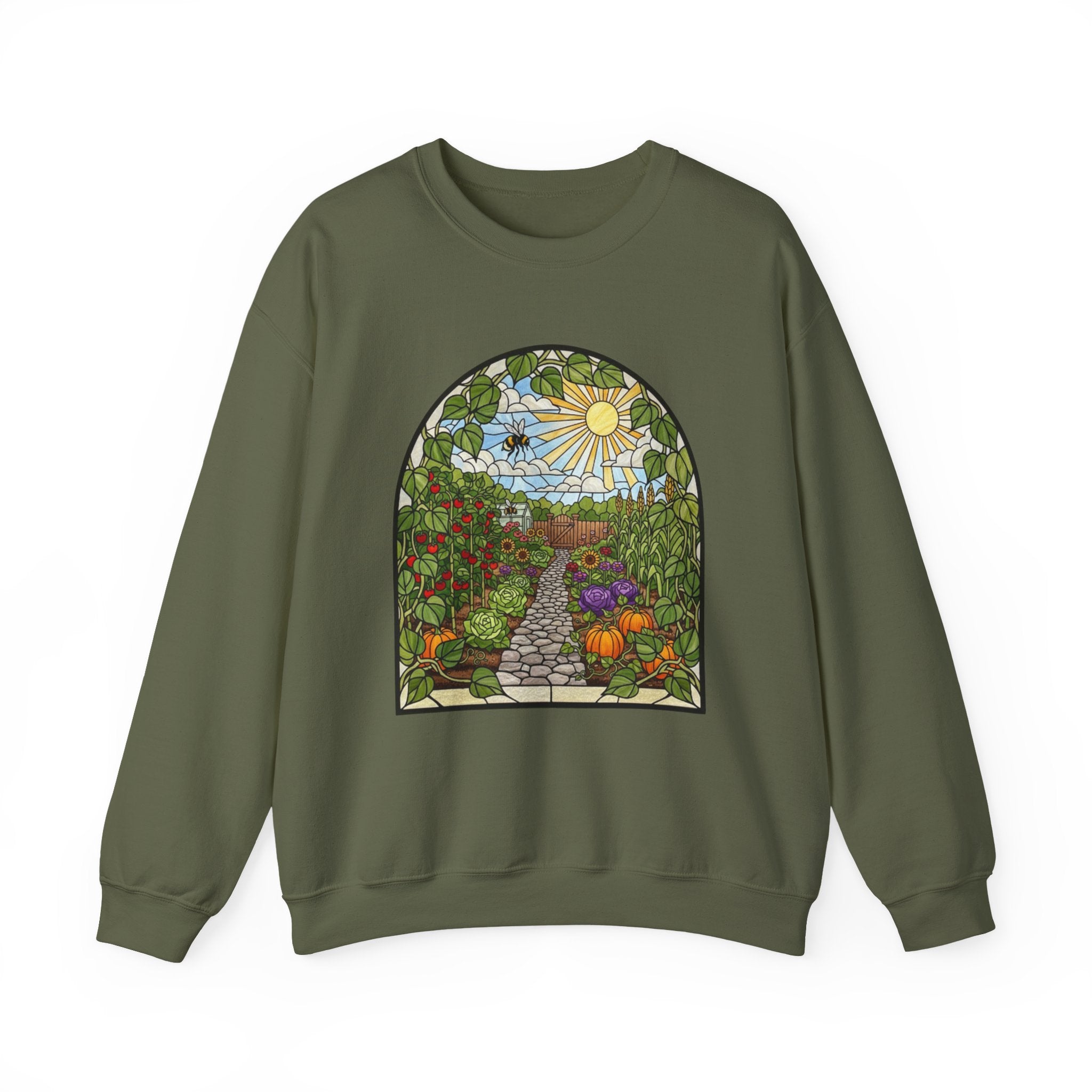 Garden Path Crewneck Sweatshirt | Stained-Glass Veggie Garden View Pullover