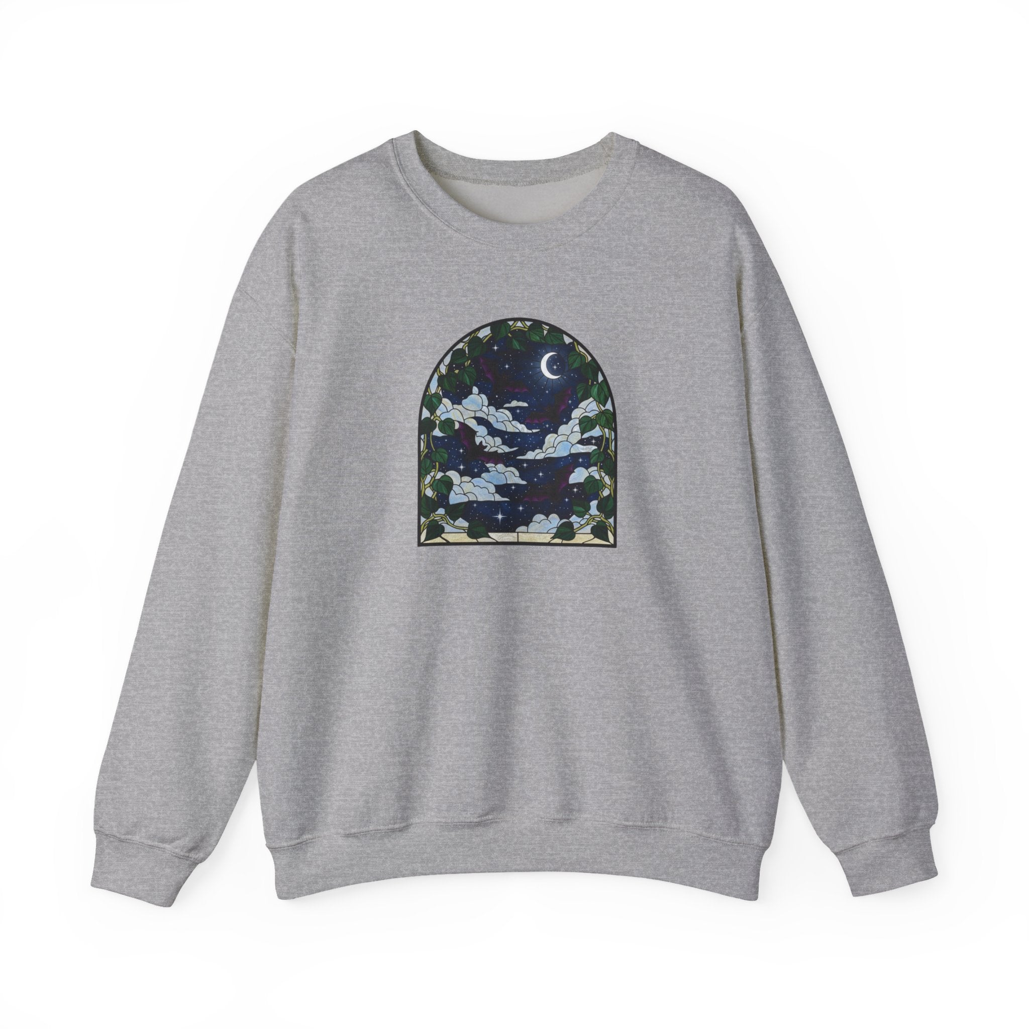 Moonlit Stained Glass Bats & Pothos Crewneck Sweatshirt
