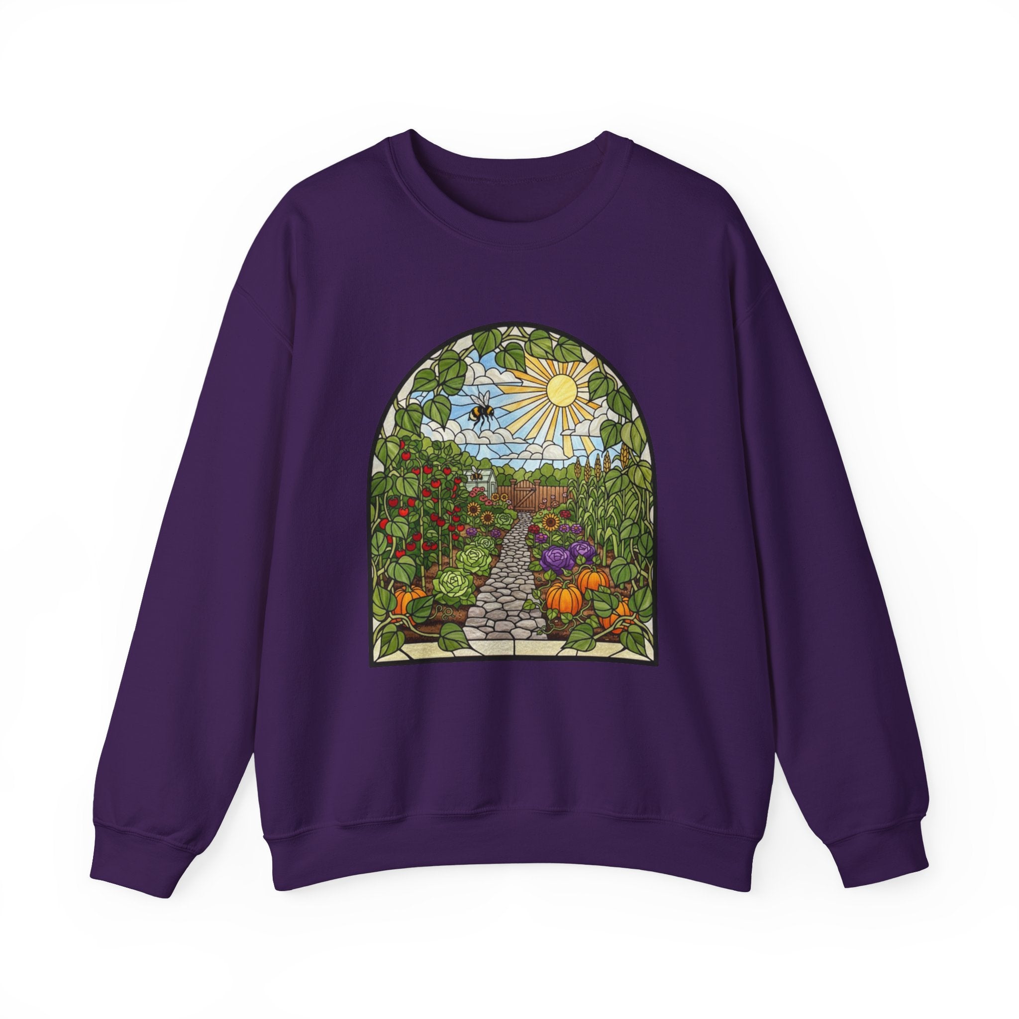 Garden Path Crewneck Sweatshirt | Stained-Glass Veggie Garden View Pullover