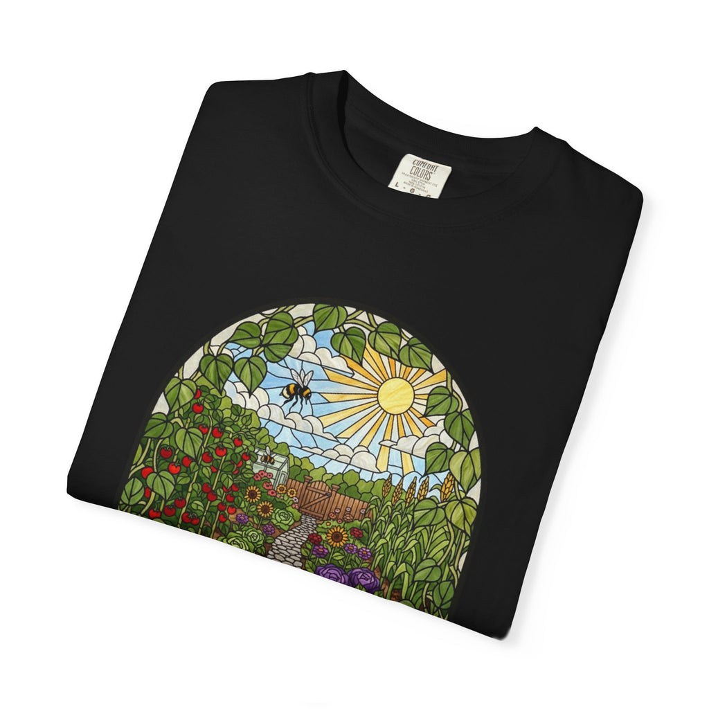 Garden Path T-Shirt — Stained Glass Sunflower & Vegetable Patch Design
