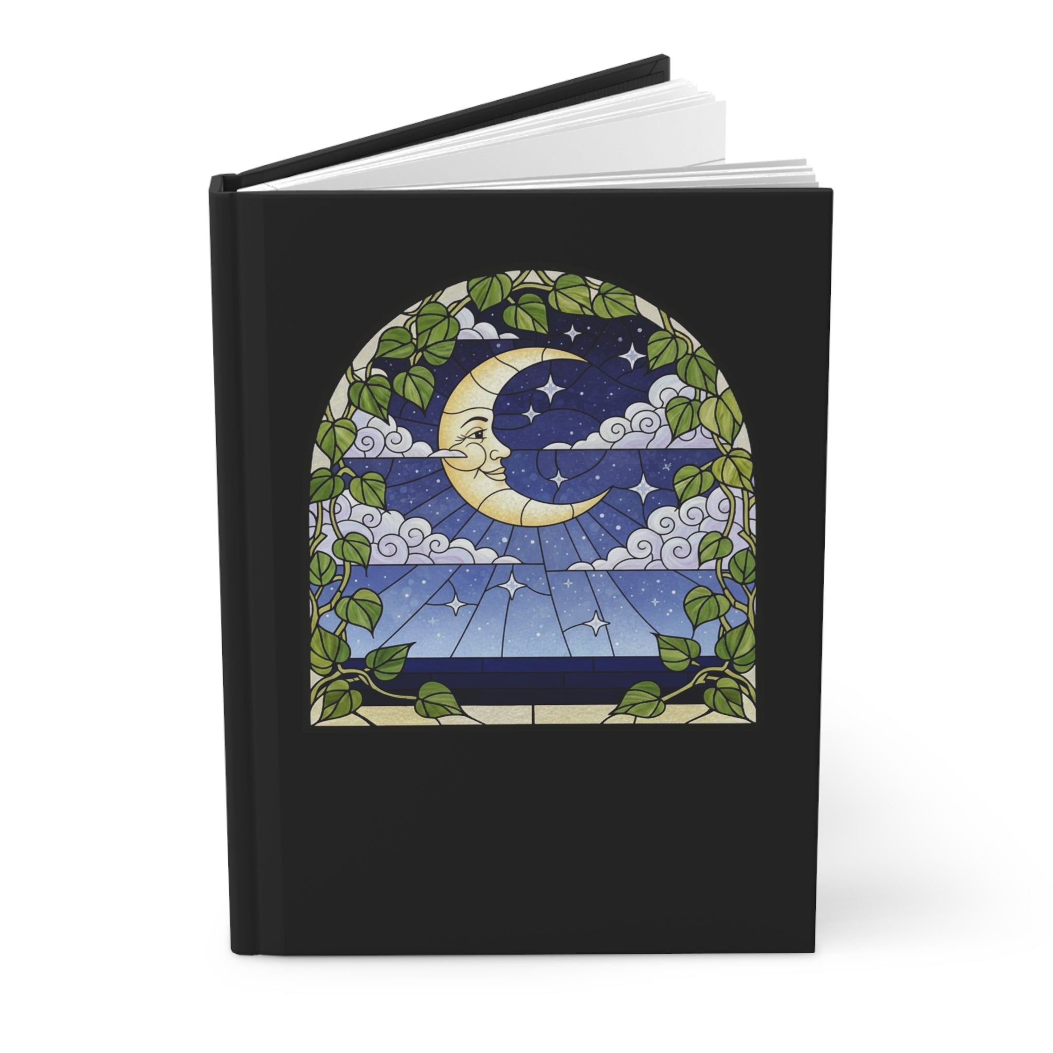 Moonlit Window Hardcover Journal | Stained Glass Crescent Moon Notebook