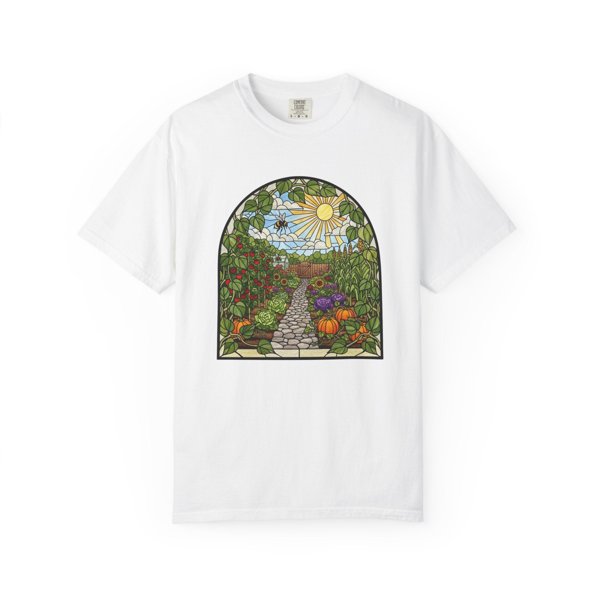 Garden Path T-Shirt — Stained Glass Sunflower & Vegetable Patch Design