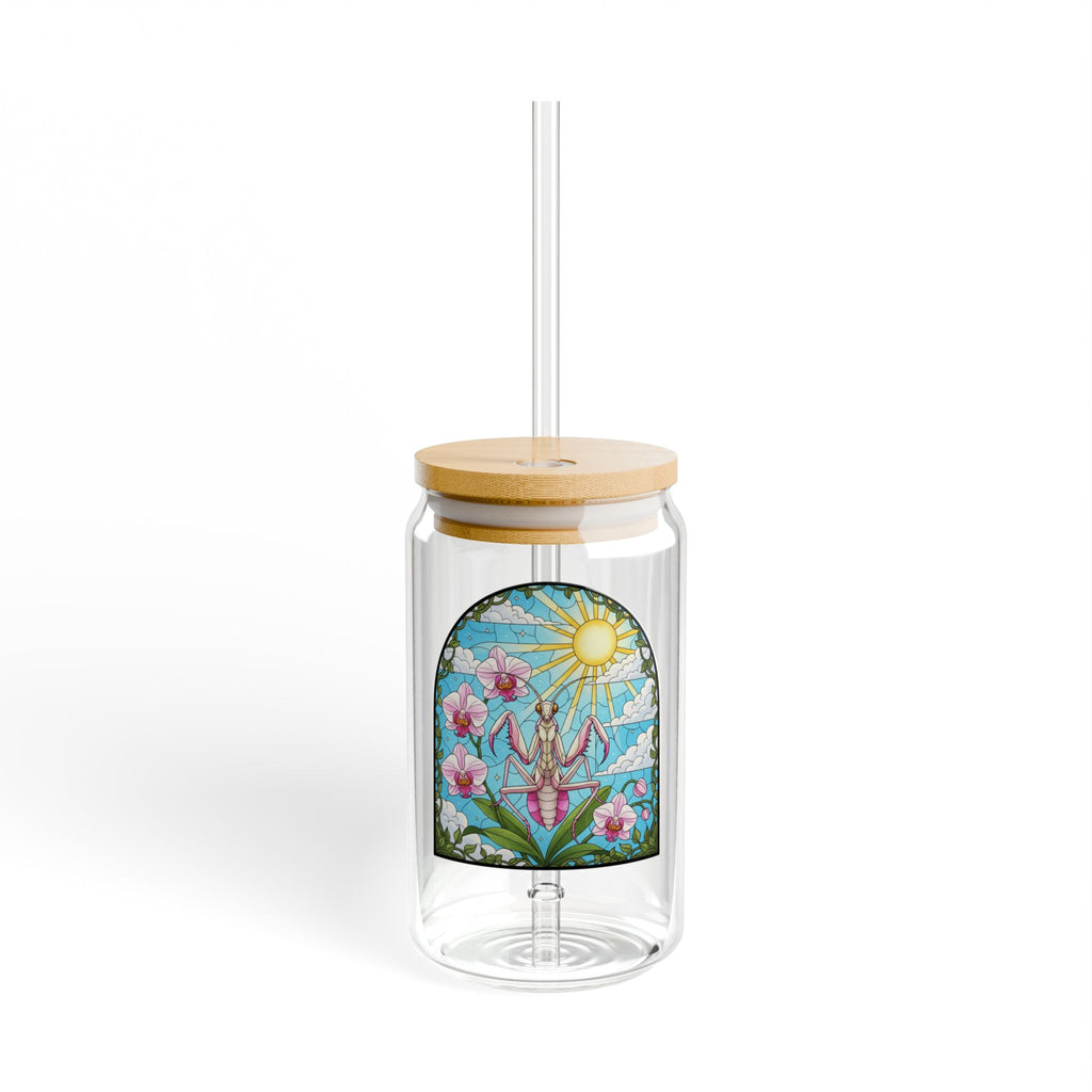 Orchid Praying Mantis Glass Sipper | 16oz Eco Bamboo Lid Tumbler with Plastic Straw