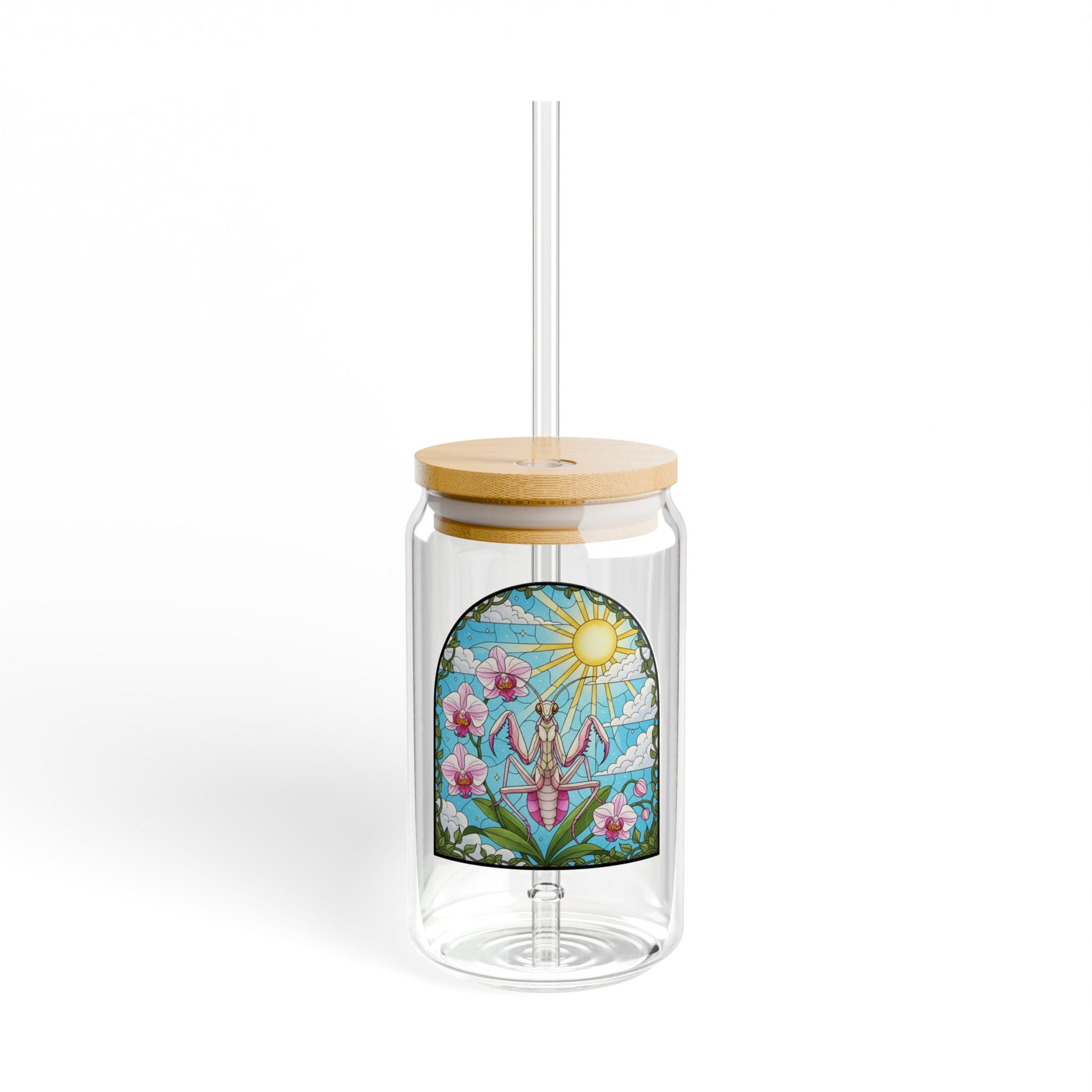 Orchid Praying Mantis Glass Sipper | 16oz Eco Bamboo Lid Tumbler with Plastic Straw