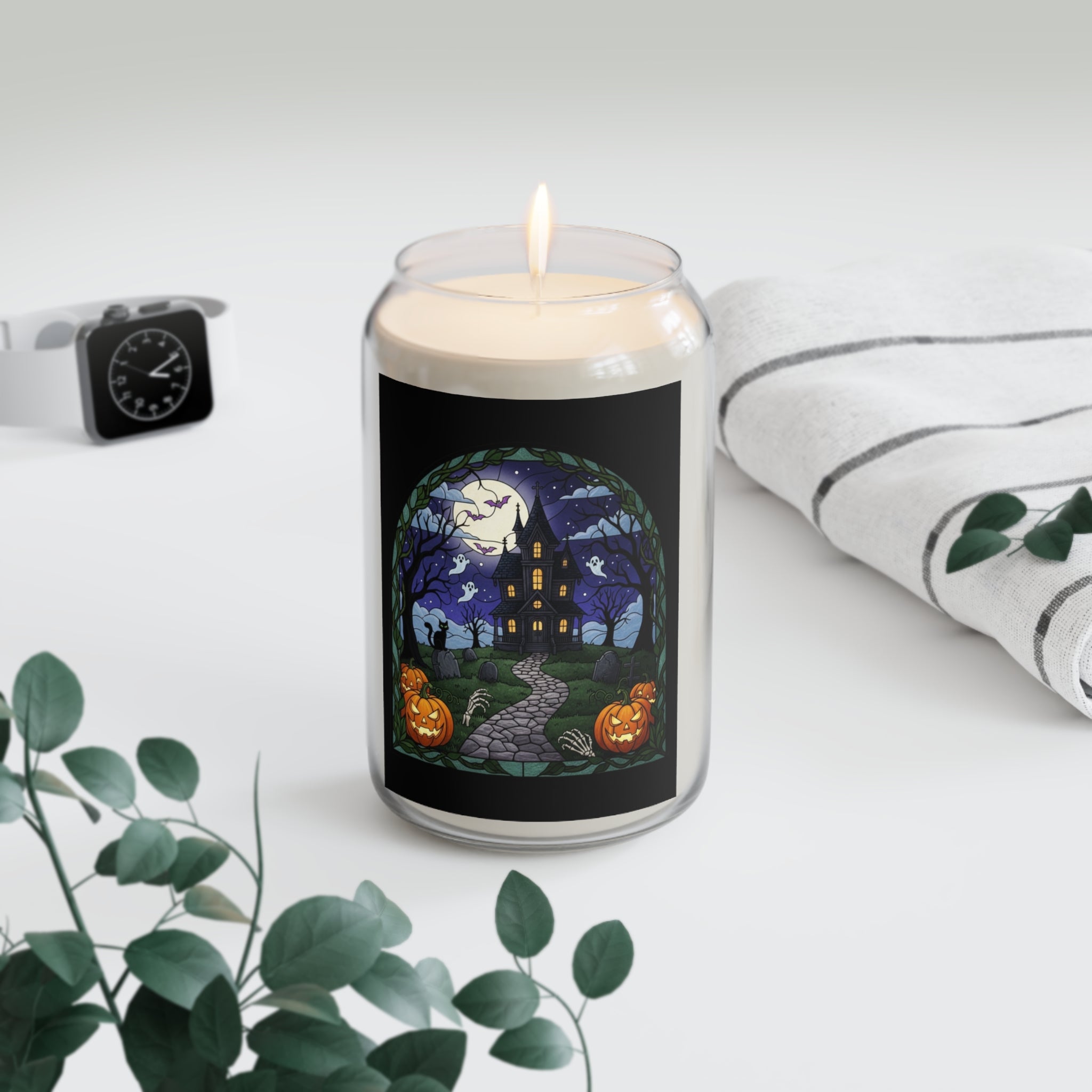 Haunted House Halloween Stained Glass Art Soy Candle 13.75 oz
