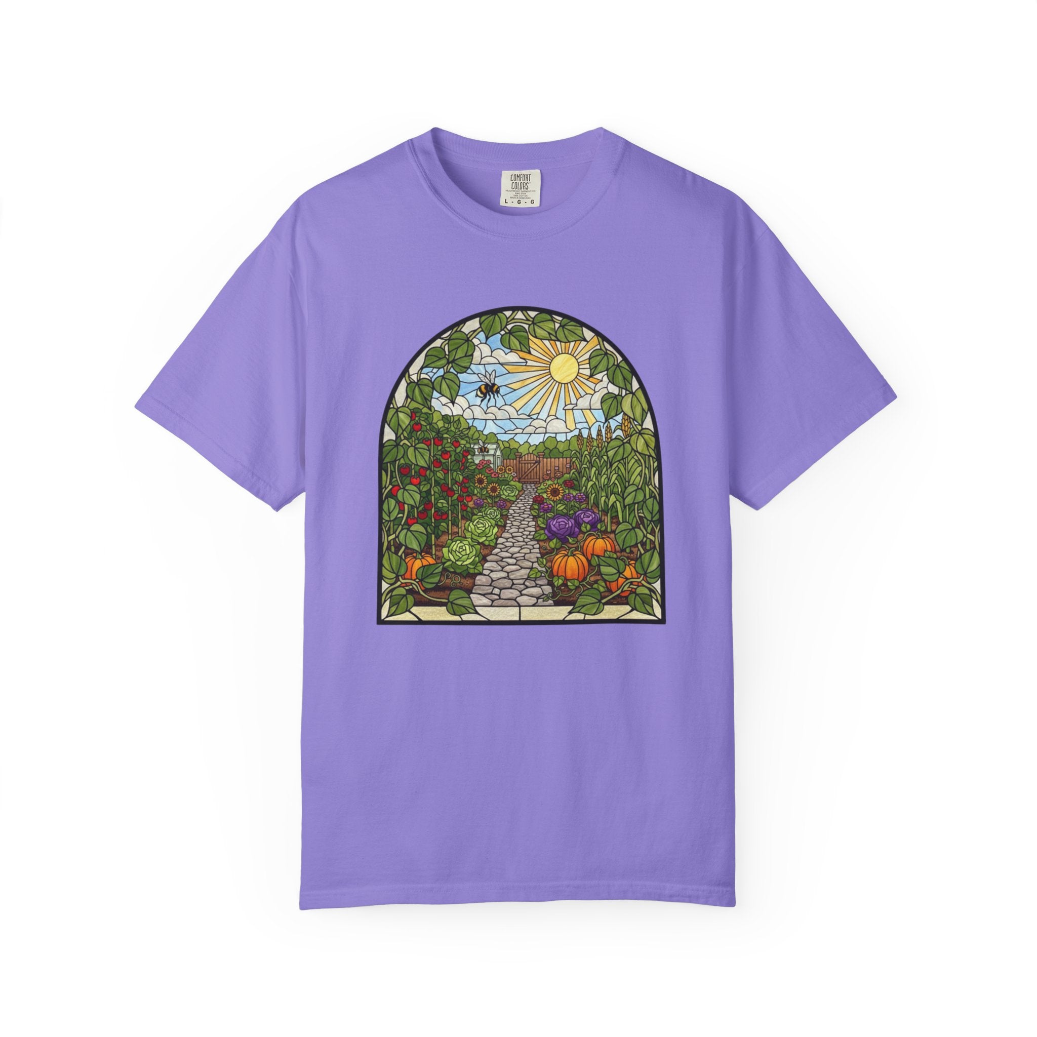 Garden Path T-Shirt — Stained Glass Sunflower & Vegetable Patch Design