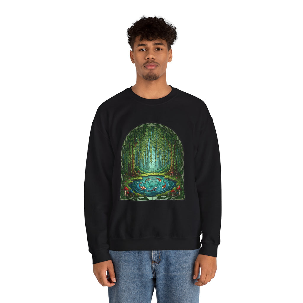 Whimsical Willow Tree Koi Fish Pond Stained Glass Crewneck Sweatshirt