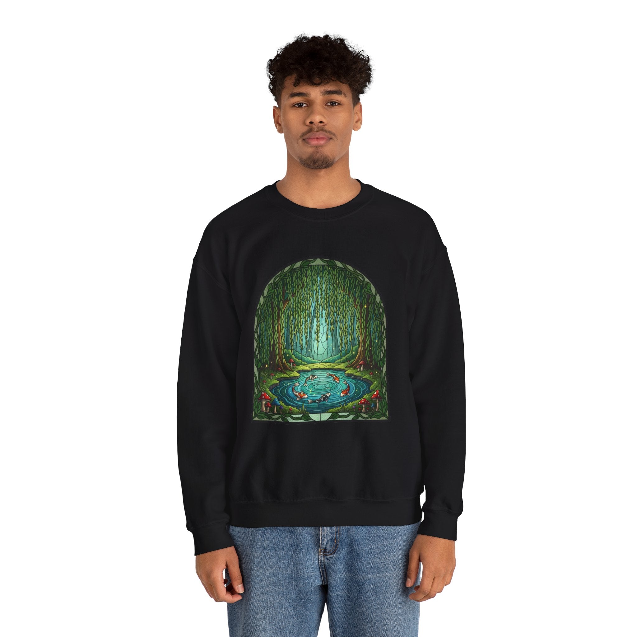 Whimsical Willow Tree Koi Fish Pond Stained Glass Crewneck Sweatshirt