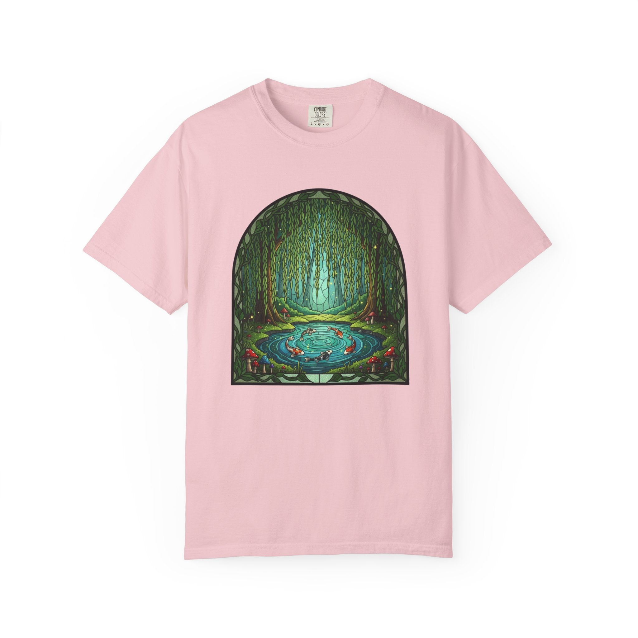 Whimsical Willow Tree Koi Fish Pond Stained Glass T-Shirt