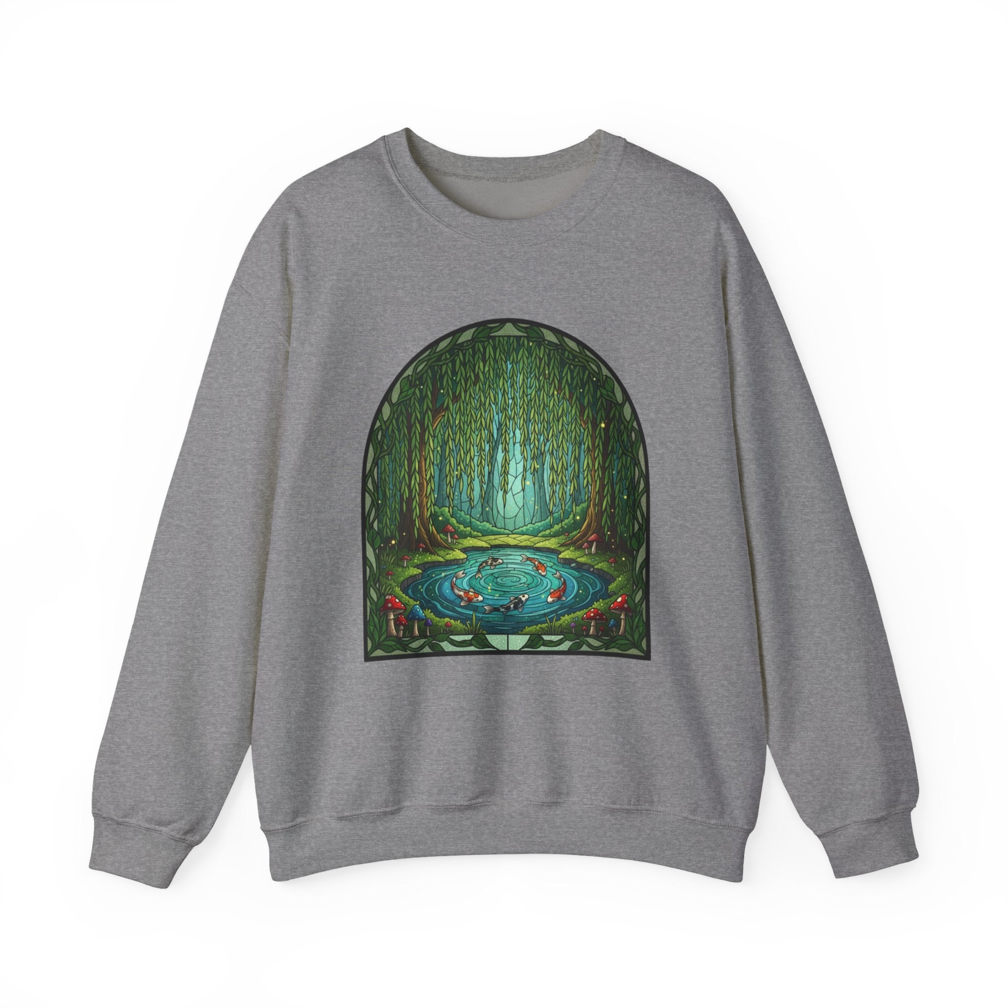 Whimsical Willow Tree Koi Fish Pond Stained Glass Crewneck Sweatshirt