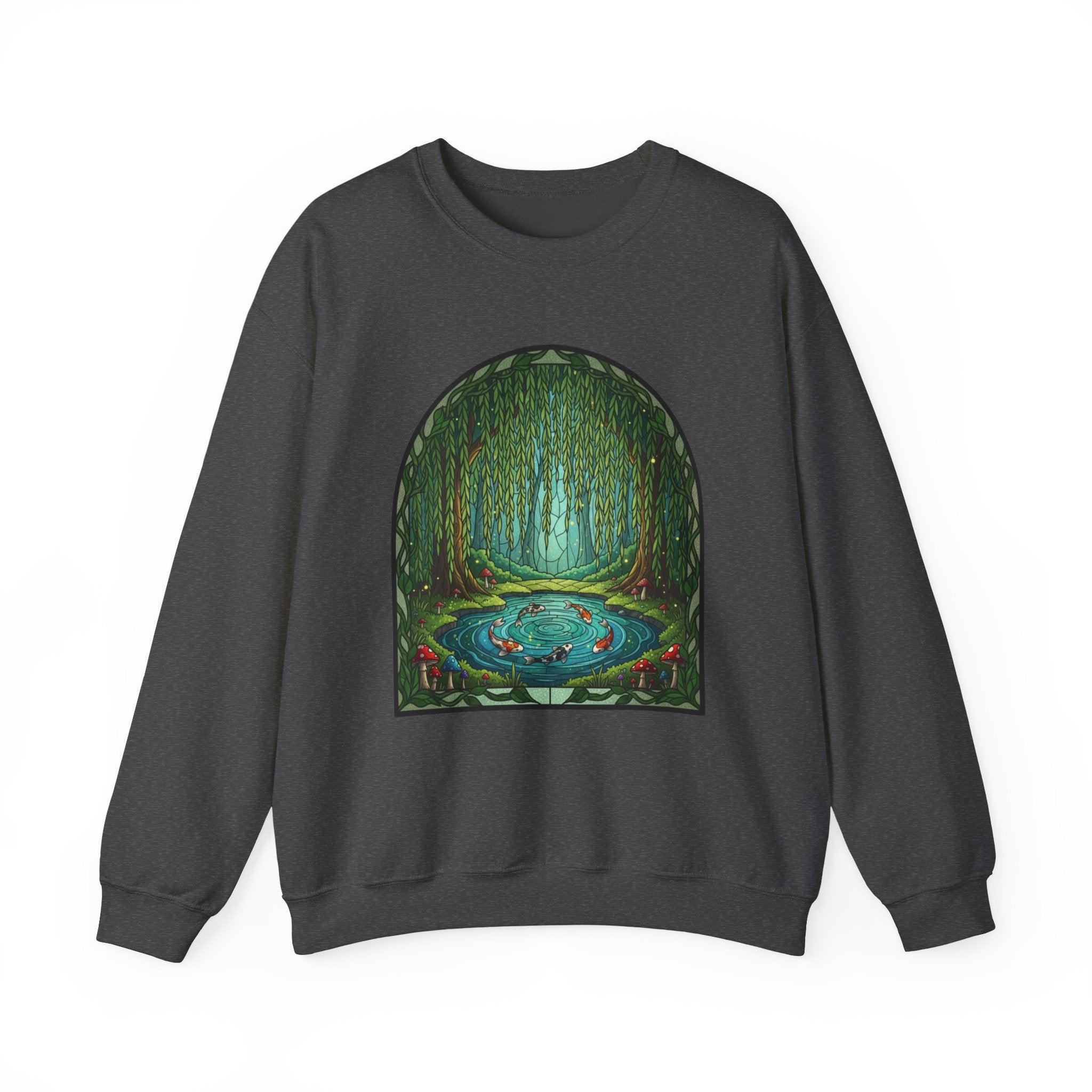 Whimsical Willow Tree Koi Fish Pond Stained Glass Crewneck Sweatshirt