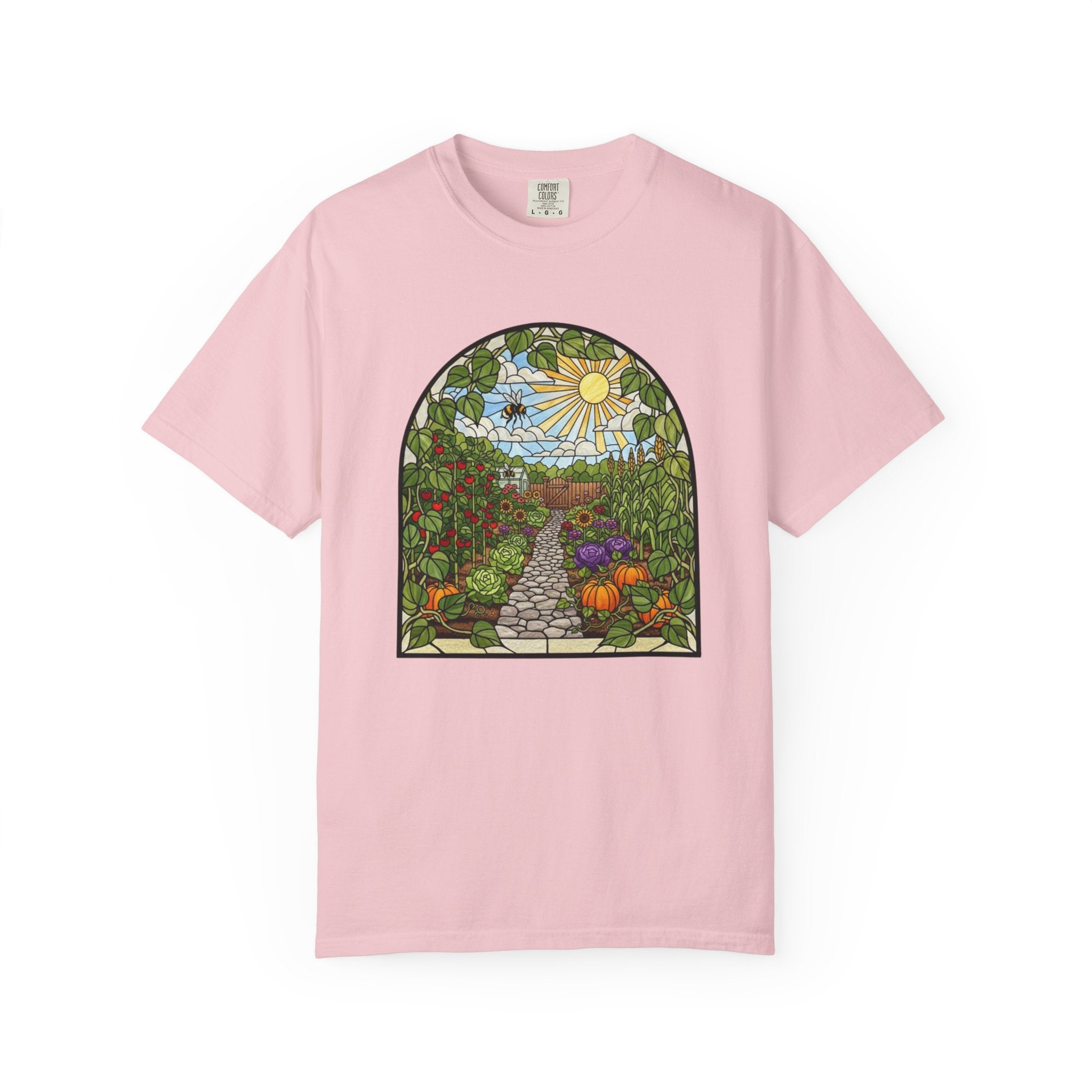 Garden Path T-Shirt — Stained Glass Sunflower & Vegetable Patch Design