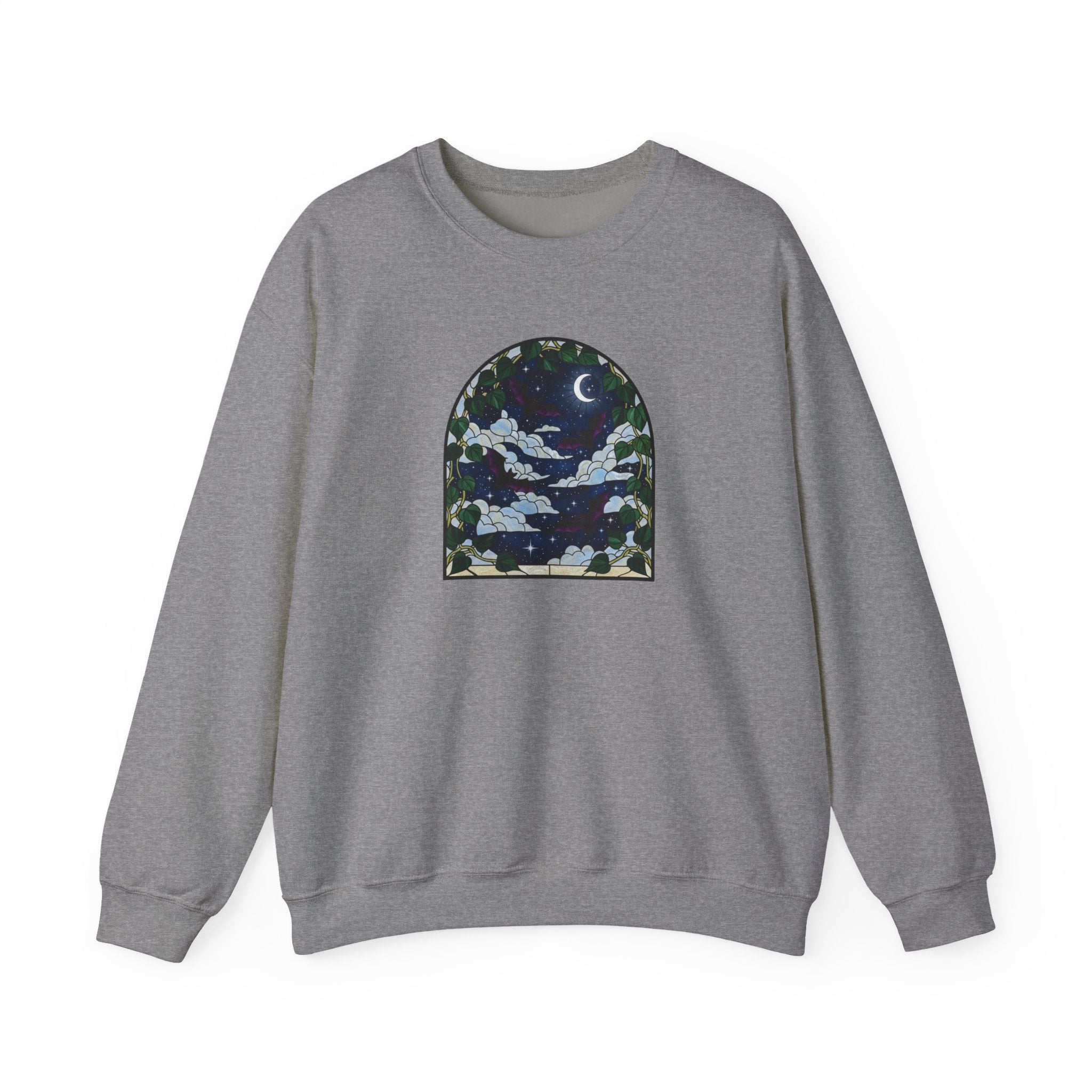 Moonlit Stained Glass Bats & Pothos Crewneck Sweatshirt