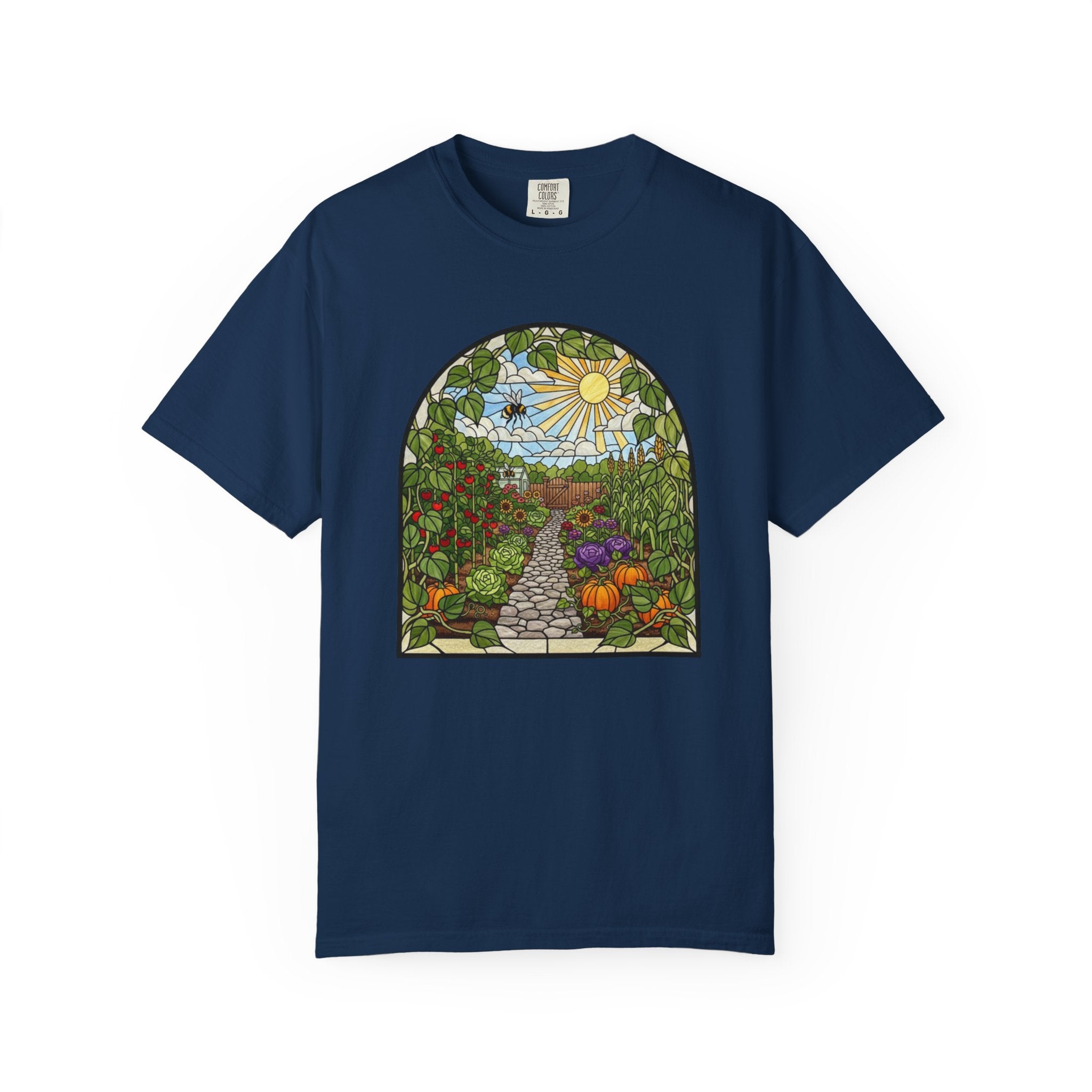 Garden Path T-Shirt — Stained Glass Sunflower & Vegetable Patch Design