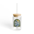Stained Glass Design Bee & Pothos Glass Sipper | 16oz Eco Bamboo Lid Tumbler with Plastic Straw
