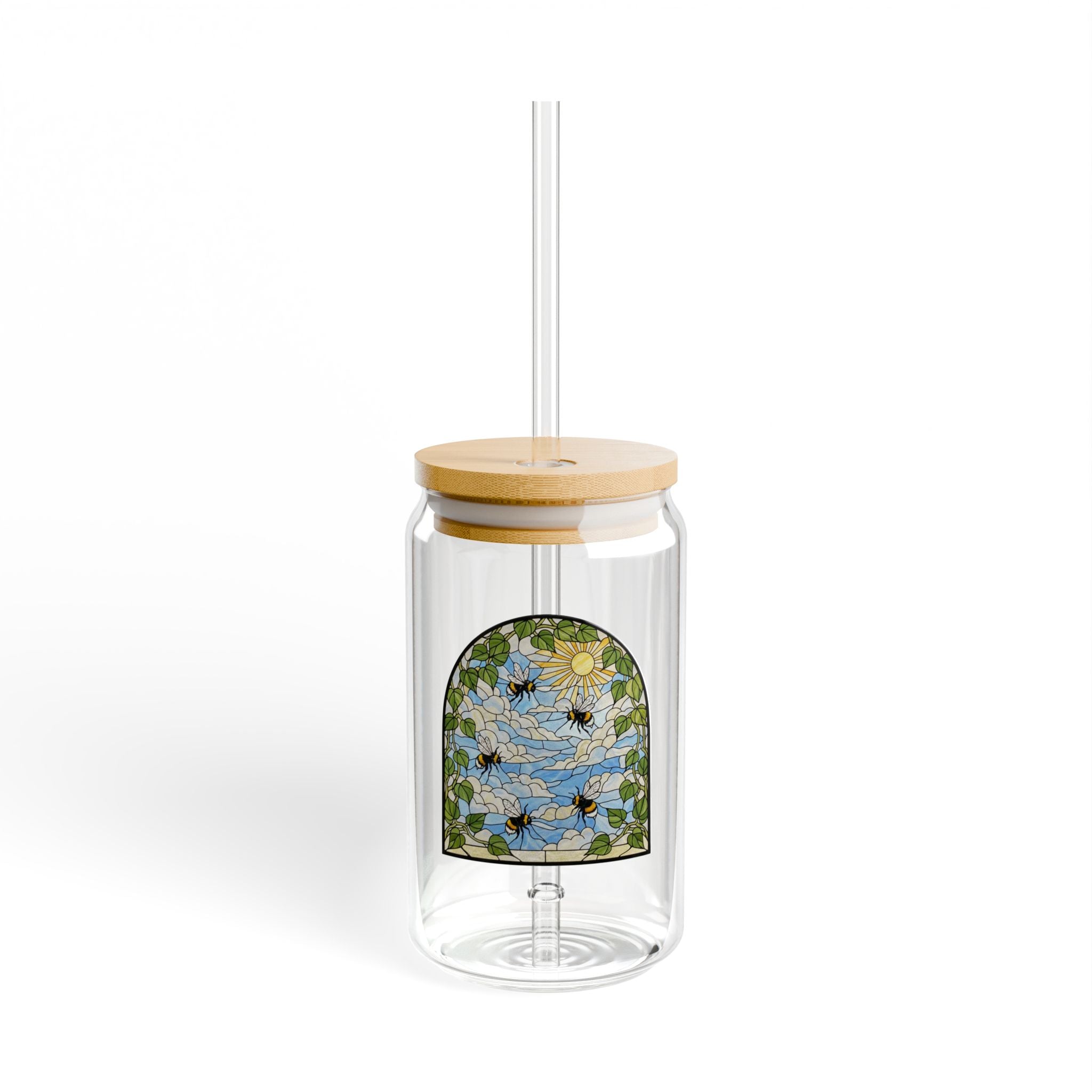 Stained Glass Design Bee & Pothos Glass Sipper | 16oz Eco Bamboo Lid Tumbler with Plastic Straw
