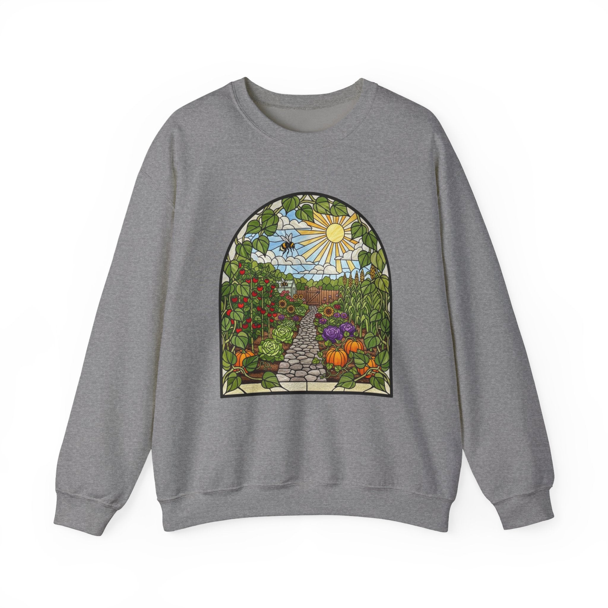 Garden Path Crewneck Sweatshirt | Stained-Glass Veggie Garden View Pullover