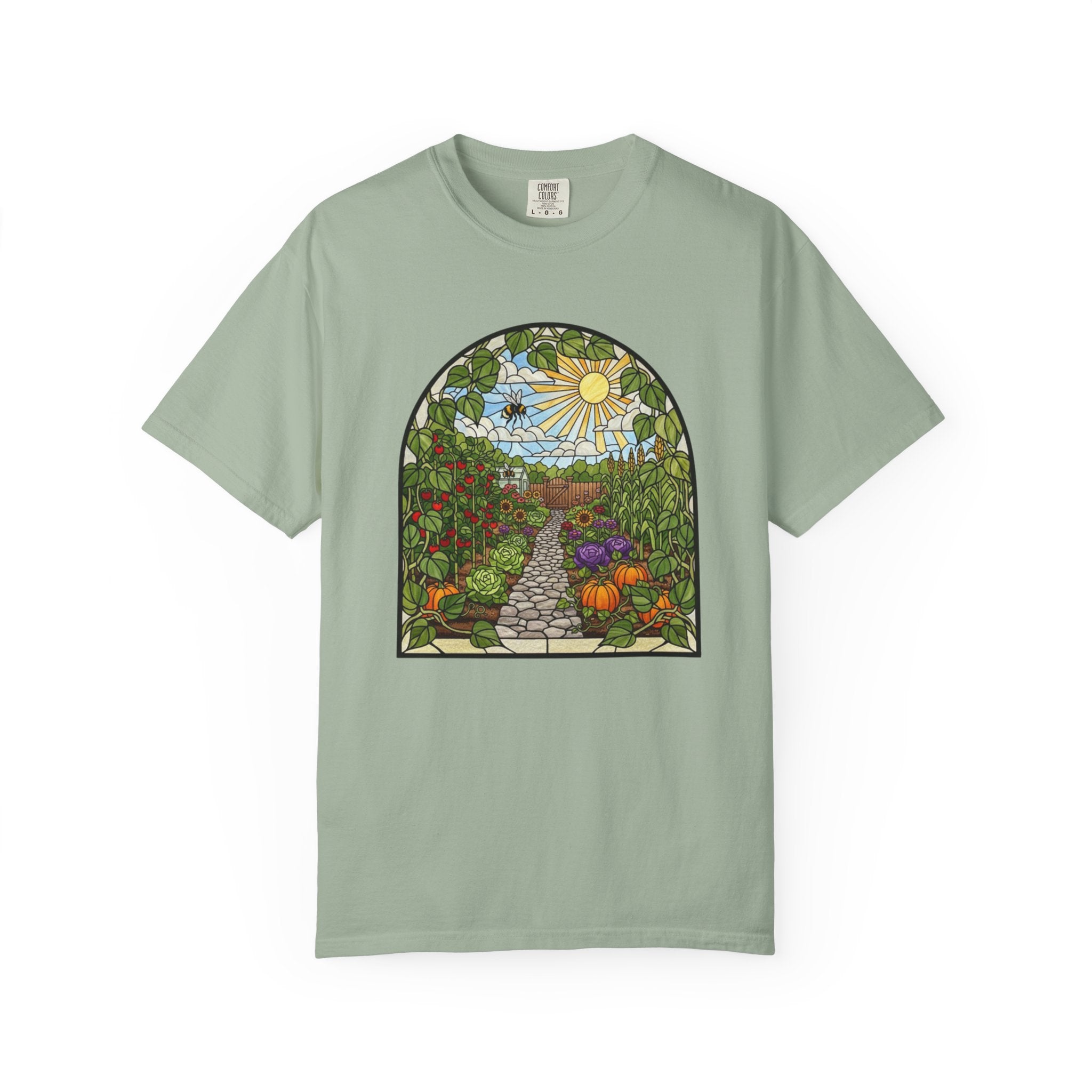 Garden Path T-Shirt — Stained Glass Sunflower & Vegetable Patch Design