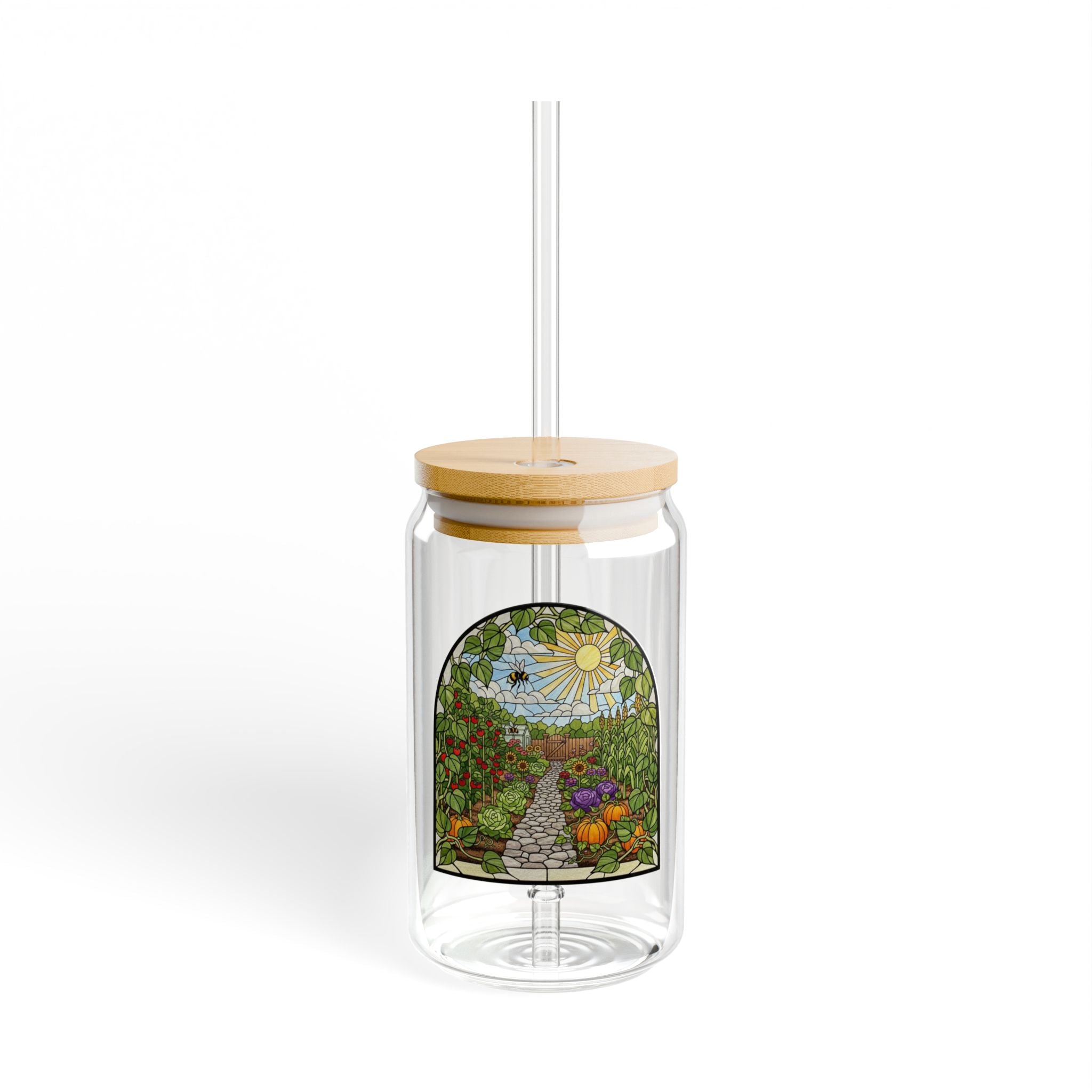 Veggie Garden Path Glass Tumbler | 16oz Eco Bamboo Lid Tumbler with Plastic Straw