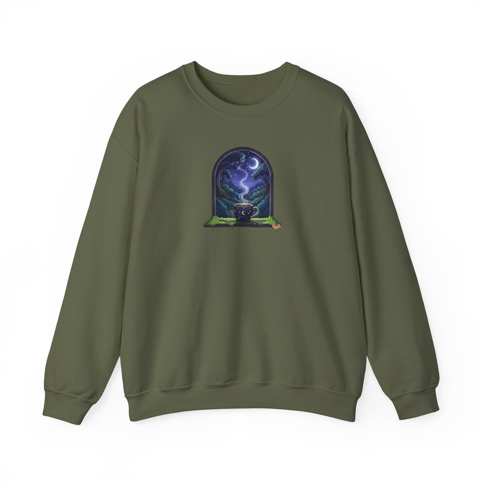 Mystic Night Crewneck Sweatshirt | Coffee with Forest View Pullover