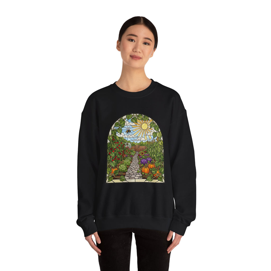 Garden Path Crewneck Sweatshirt | Stained-Glass Veggie Garden View Pullover