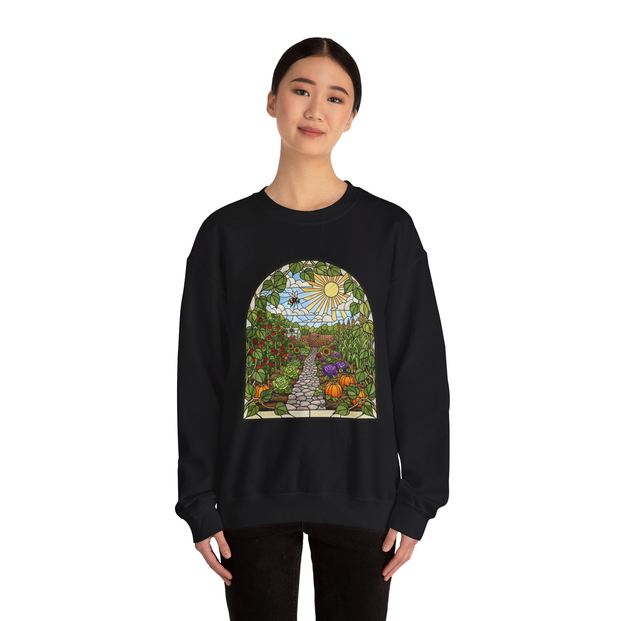 Garden Path Crewneck Sweatshirt | Stained-Glass Veggie Garden View Pullover
