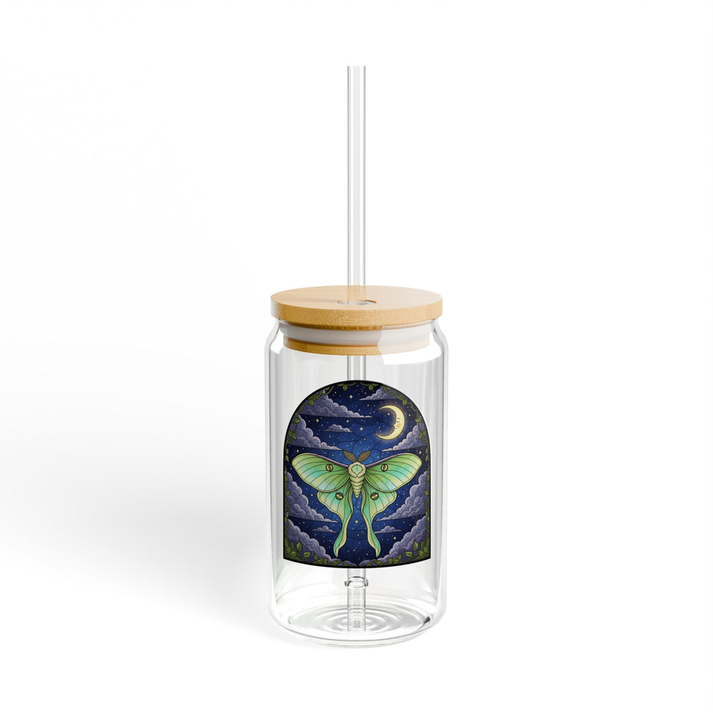 Luna Moth & Moon Glass Sipper Tumbler | 16oz Eco Bamboo Lid Tumbler with Plastic Straw