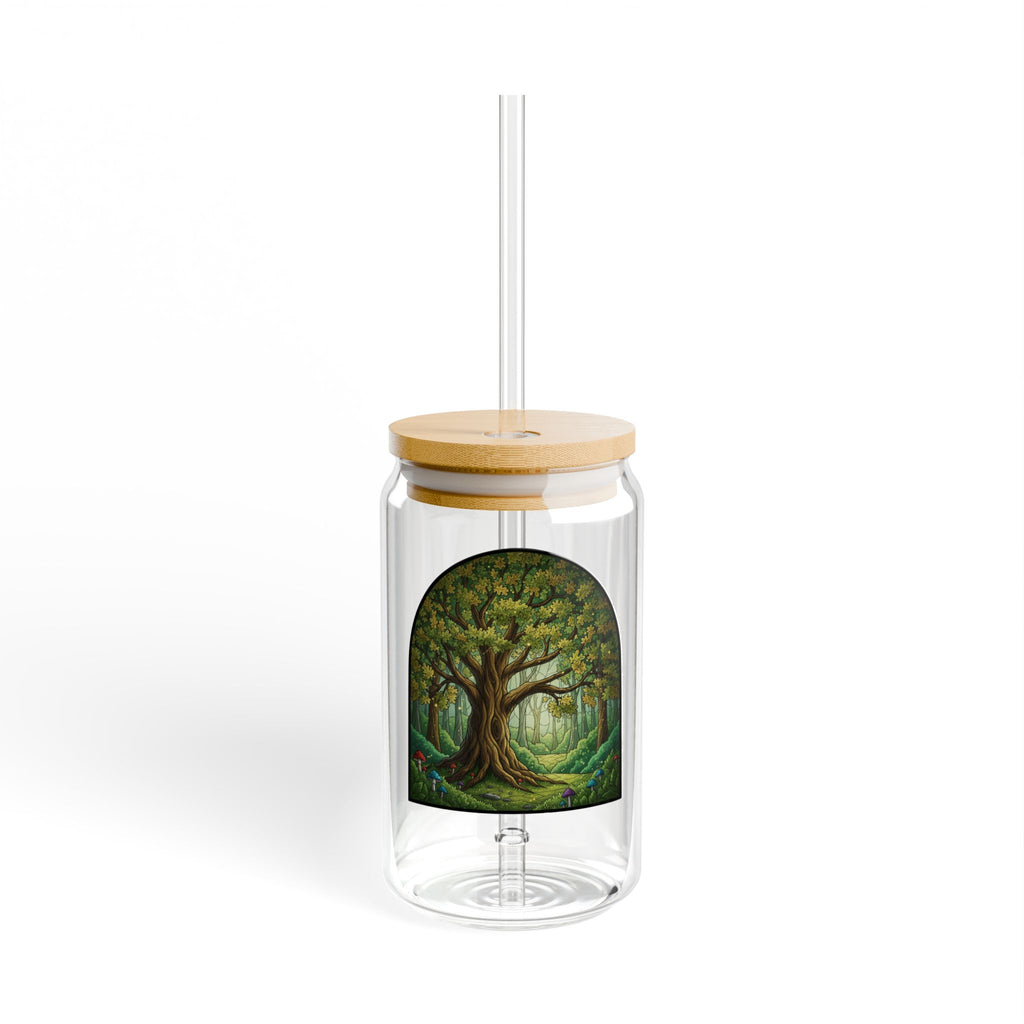 Whimsical Forest Glass Sipper | 16oz Eco Bamboo Lid Tumbler with Plastic Straw