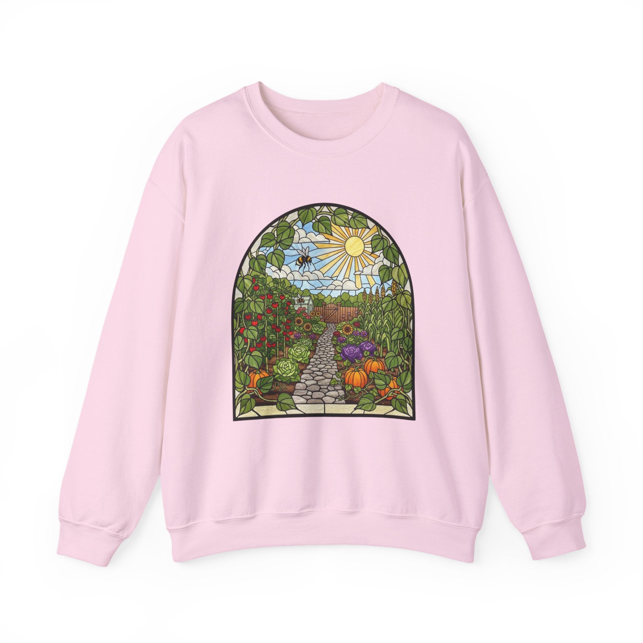 Garden Path Crewneck Sweatshirt | Stained-Glass Veggie Garden View Pullover