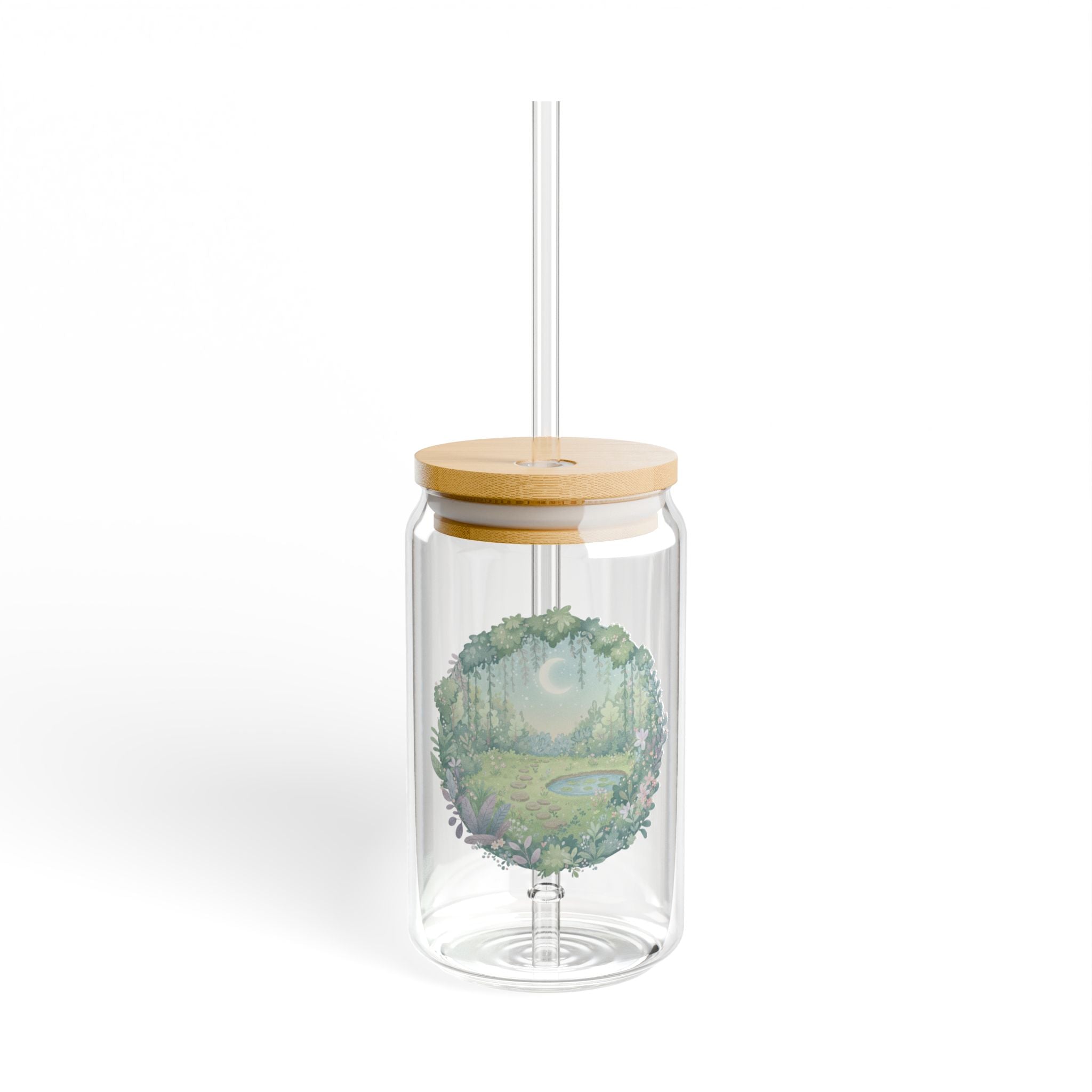 Moonlit Pond Greenery Glass Sipper | 16oz Eco Bamboo Lid Tumbler with Plastic Straw