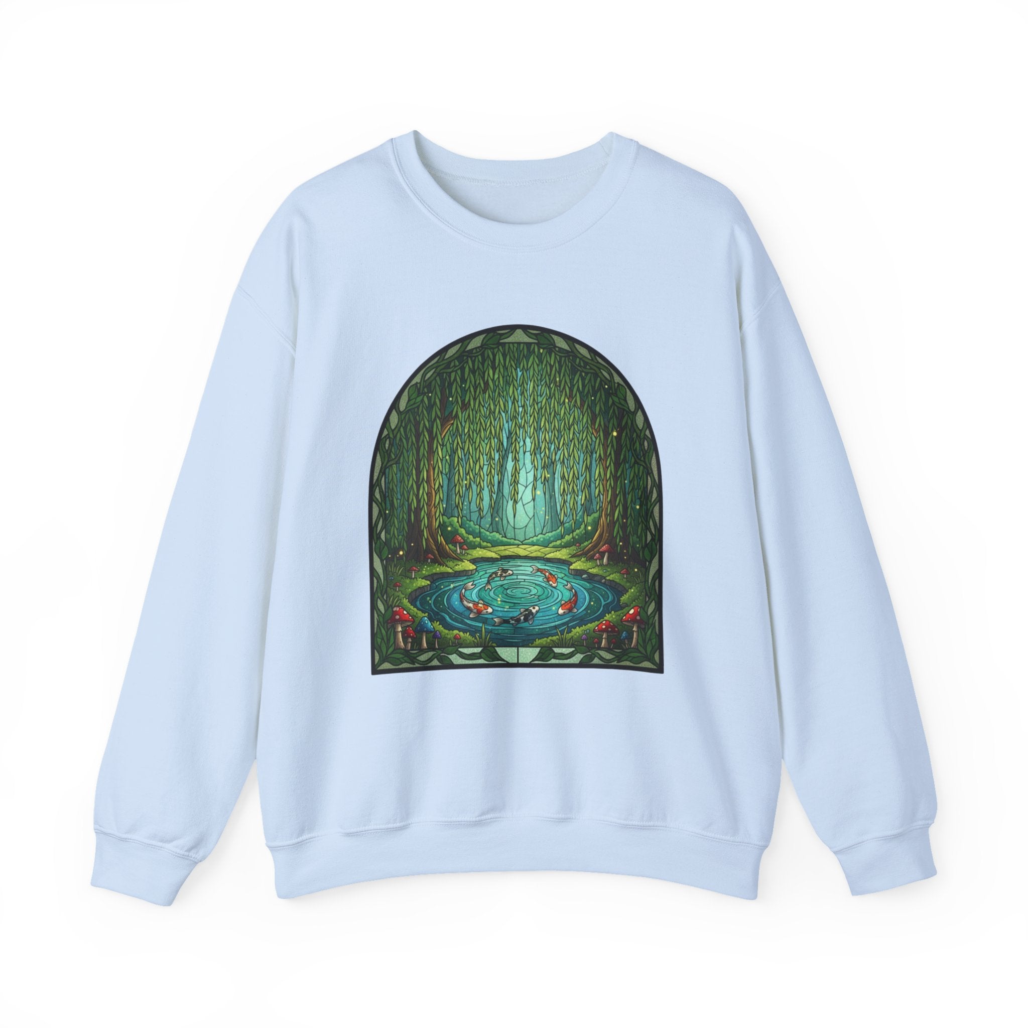Whimsical Willow Tree Koi Fish Pond Stained Glass Crewneck Sweatshirt
