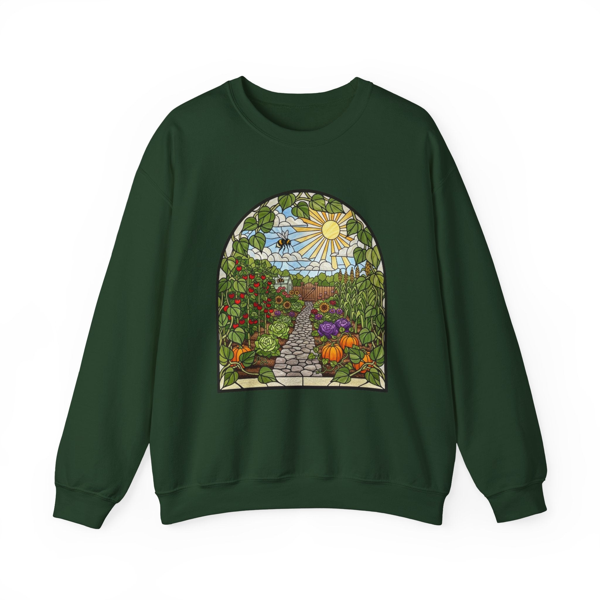 Garden Path Crewneck Sweatshirt | Stained-Glass Veggie Garden View Pullover