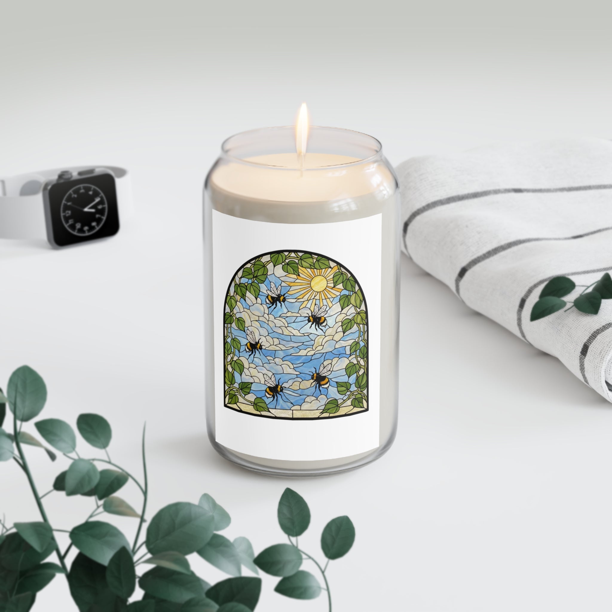 Bee & Pothos Stained Glass Soy Candle | Scented 13.75oz Decorative Jar