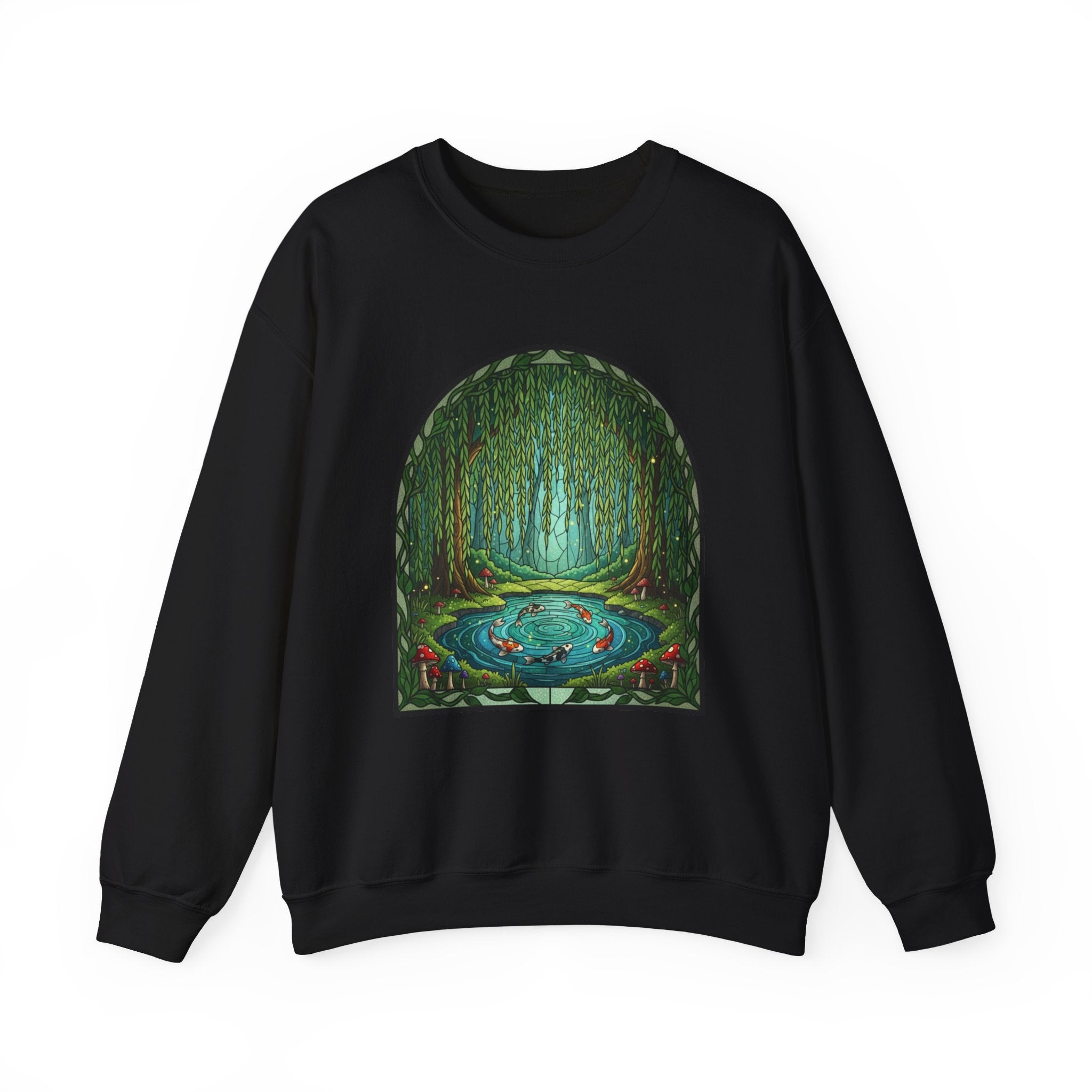 Whimsical Willow Tree Koi Fish Pond Stained Glass Crewneck Sweatshirt