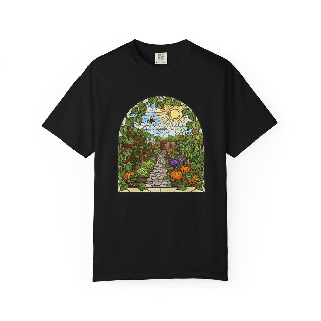 Garden Path T-Shirt — Stained Glass Sunflower & Vegetable Patch Design
