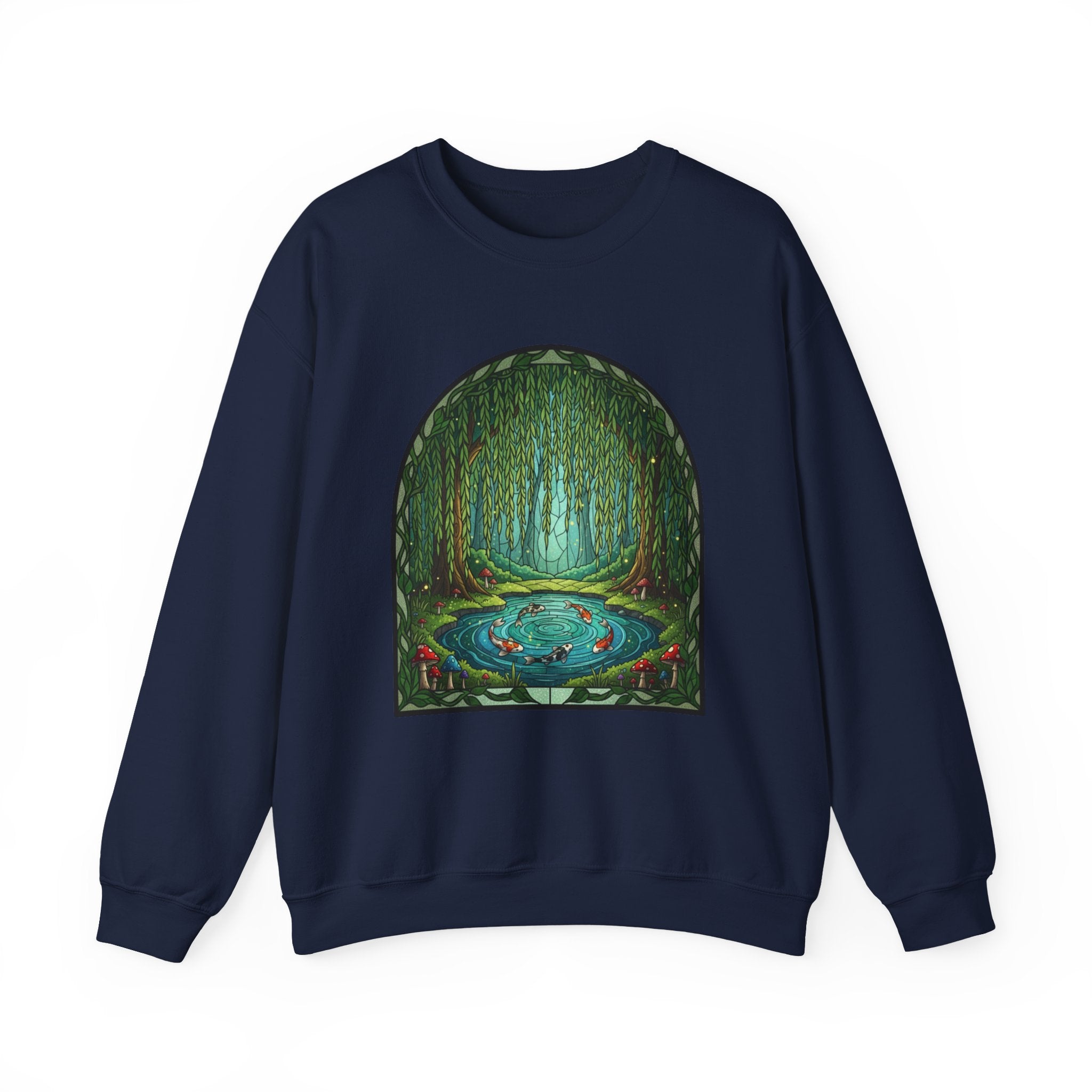 Whimsical Willow Tree Koi Fish Pond Stained Glass Crewneck Sweatshirt
