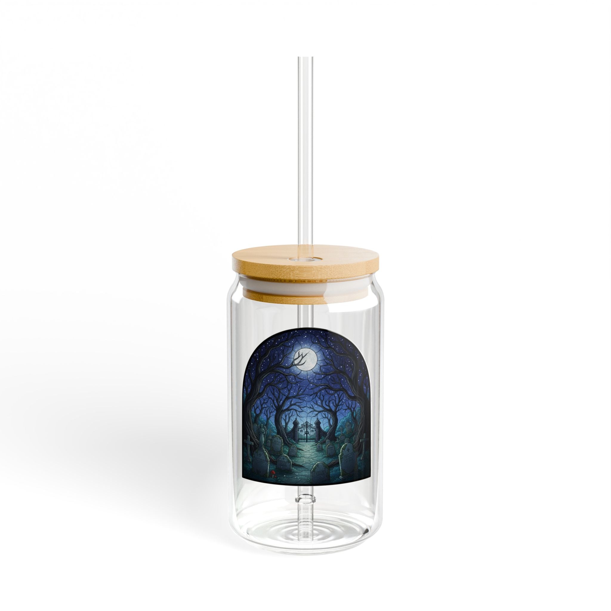 Mystic Moonlit Graveyard Glass Sipper | 16oz Eco Bamboo Lid Tumbler with Plastic Straw