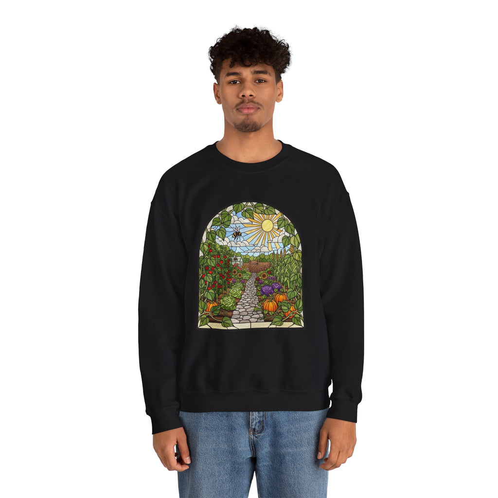 Garden Path Crewneck Sweatshirt | Stained-Glass Veggie Garden View Pullover