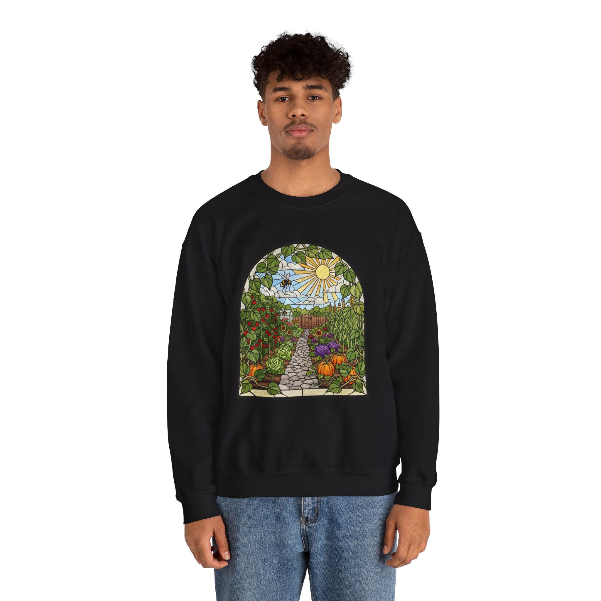 Garden Path Crewneck Sweatshirt | Stained-Glass Veggie Garden View Pullover