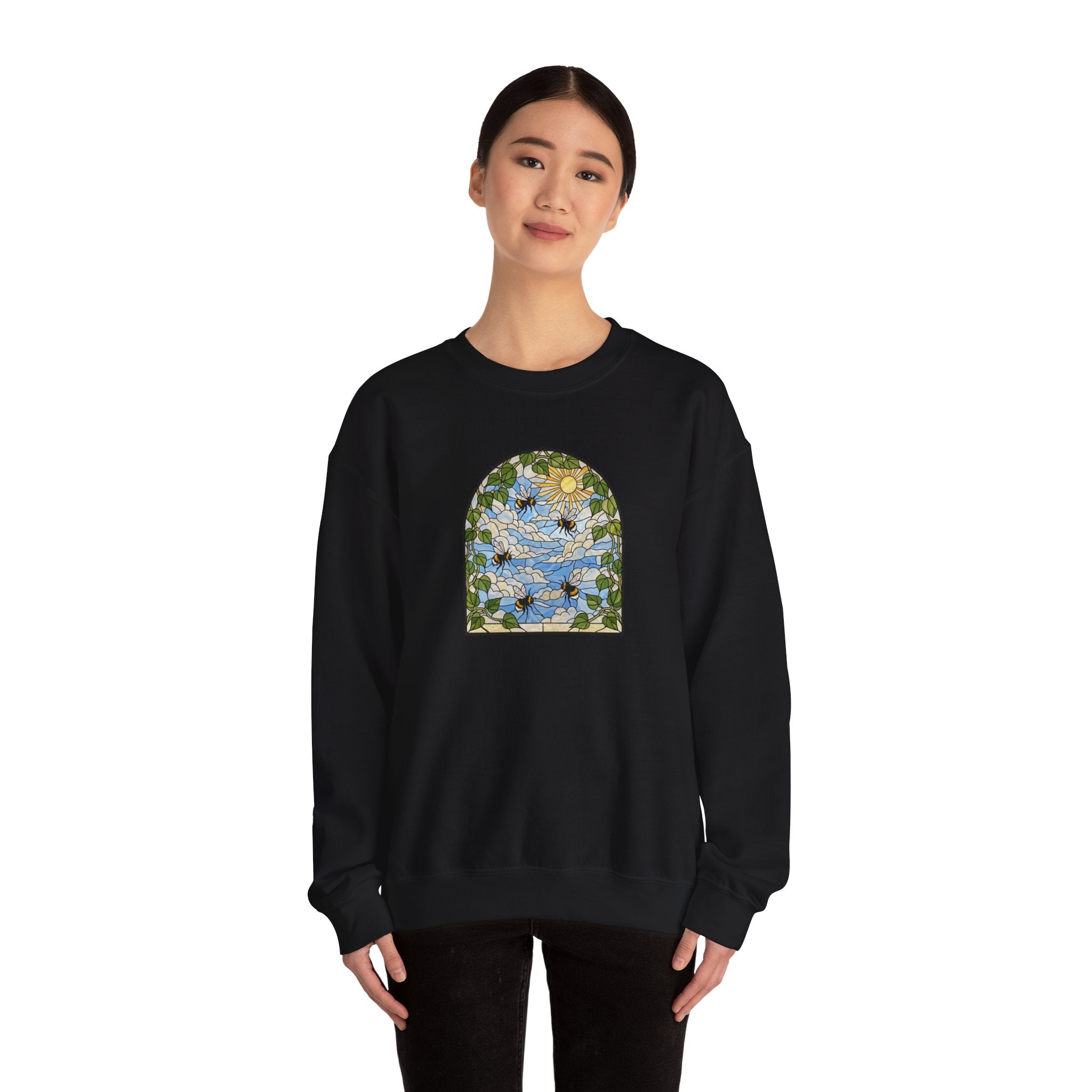 Stained Glass Bumblebee Crewneck Sweatshirt | Arched Vintage Window Pullover
