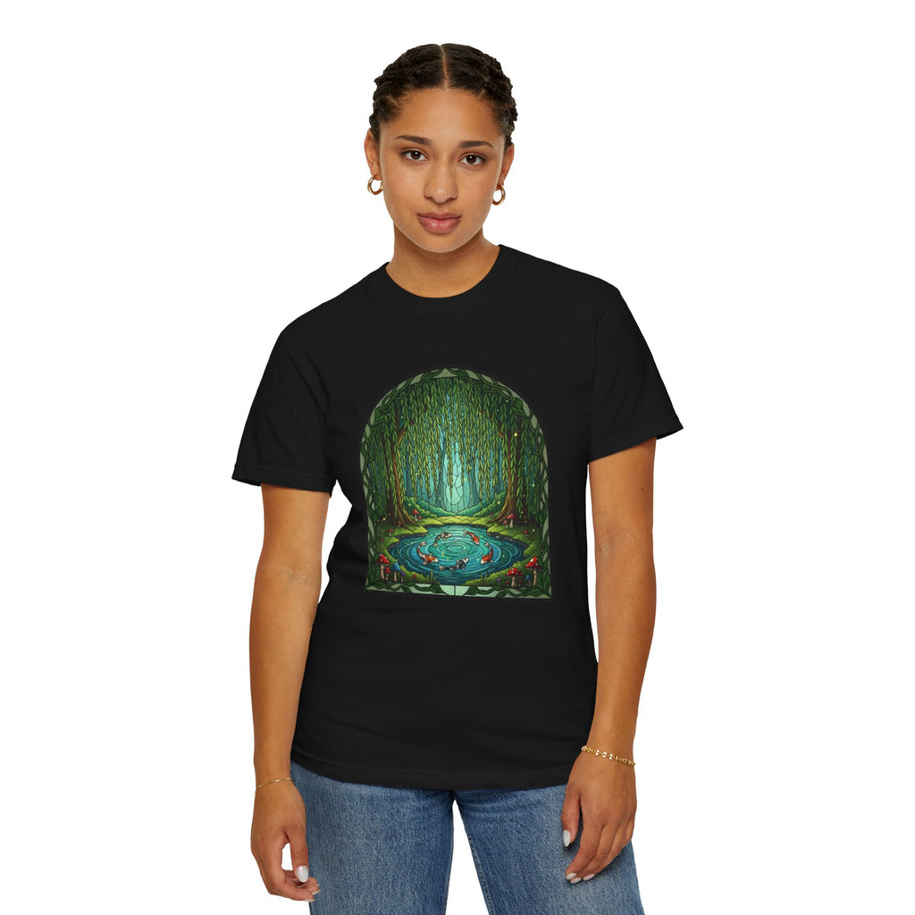 Whimsical Willow Tree Koi Fish Pond Stained Glass T-Shirt