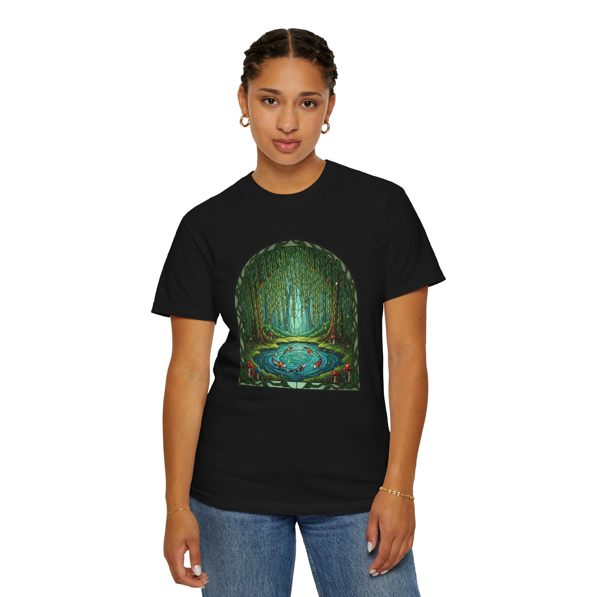 Whimsical Willow Tree Koi Fish Pond Stained Glass T-Shirt