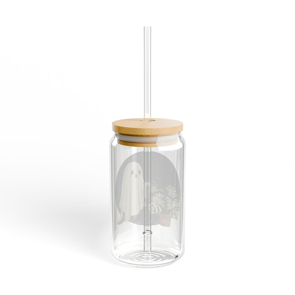 Ghost & Houseplants Glass Sipper | 16oz Eco Bamboo Lid Tumbler with Plastic Straw