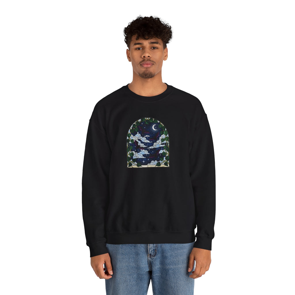 Moonlit Stained Glass Bats & Pothos Crewneck Sweatshirt