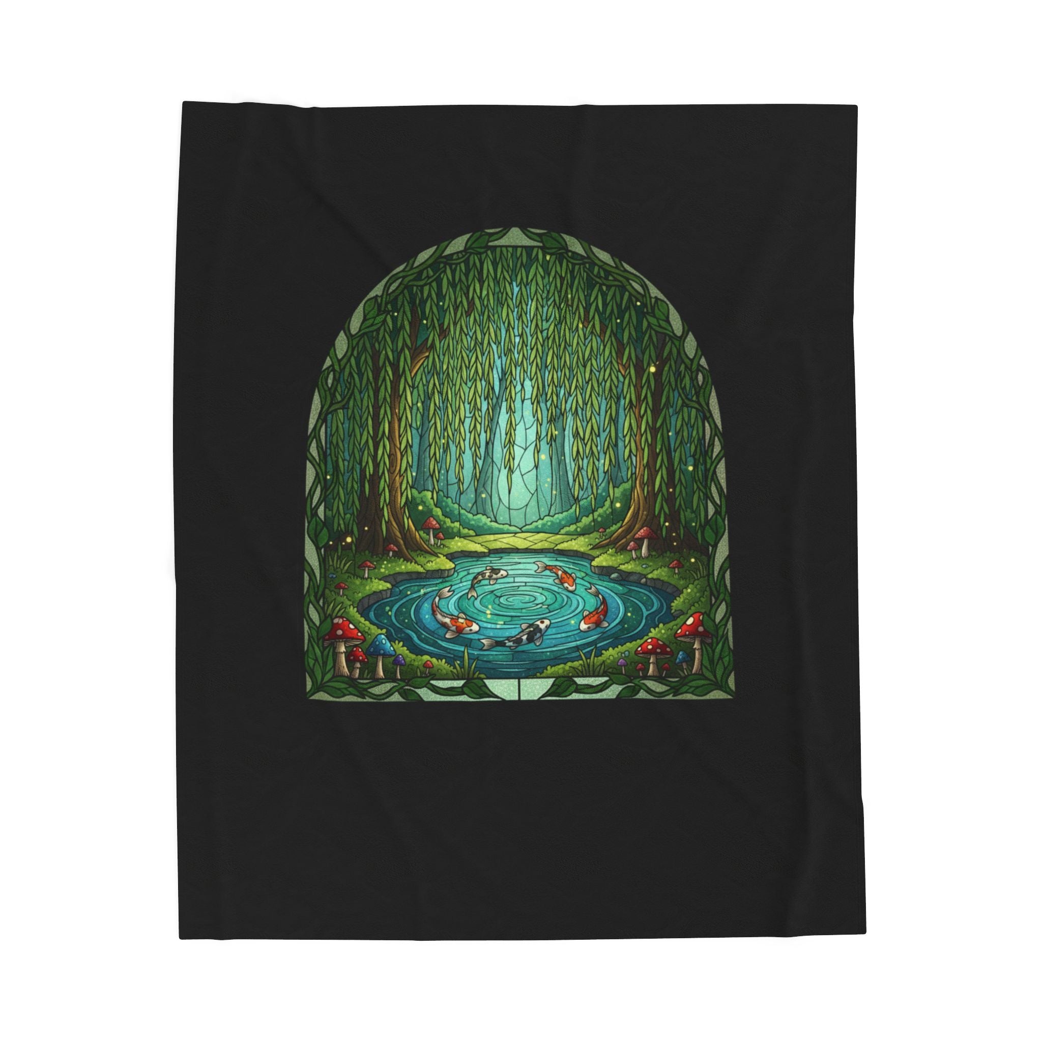 Koi Fish Pond Willow Tree Forest Velveteen Throw