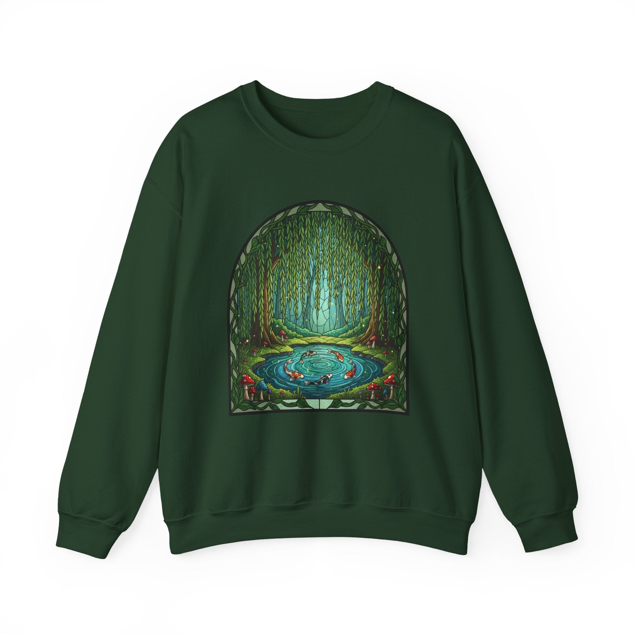 Whimsical Willow Tree Koi Fish Pond Stained Glass Crewneck Sweatshirt